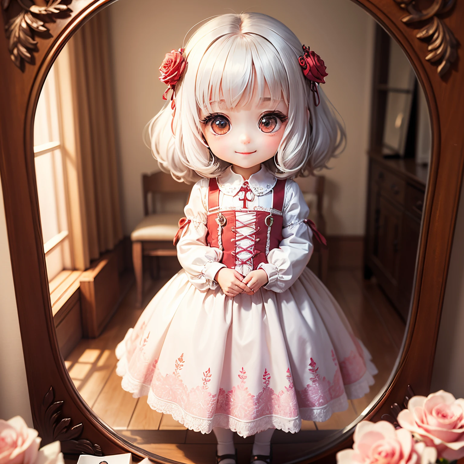 masterpiece、top-quality、ultra-detailliert、(Chibi Chara's Daughter:1.2)、A decorative mirror carefully decorated with gorgeous rose flowers.、face the mirror、white hair、Renaissance dresses、Standing、A smile