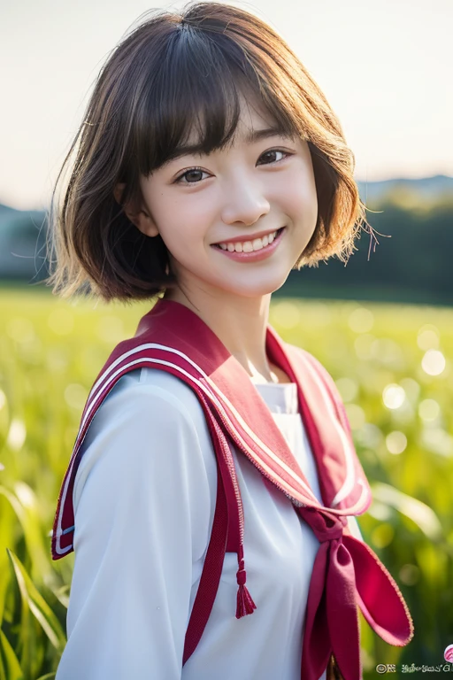 (8K、Raw photography、top-quality、masterpiece:1.2)、(realisitic、Photorealsitic:1.37)、ultra-detailliert、超A high resolution、女の子1人、see the beholder、beautifull detailed face、A smile、Constriction、(Slim waist) :1.3)、Beautiful detailed skin、Skin Texture、Floating hair、Professional Lighting、Whole human body、a blond、japanese hight school uniform、a sailor suit、matriculation、short-cut、Bob Hair、E-cup、Happy smile、、Red ribbons、a baby face、Childisuppin、Moisturizing lips、Thin pink lips、grass field、a river