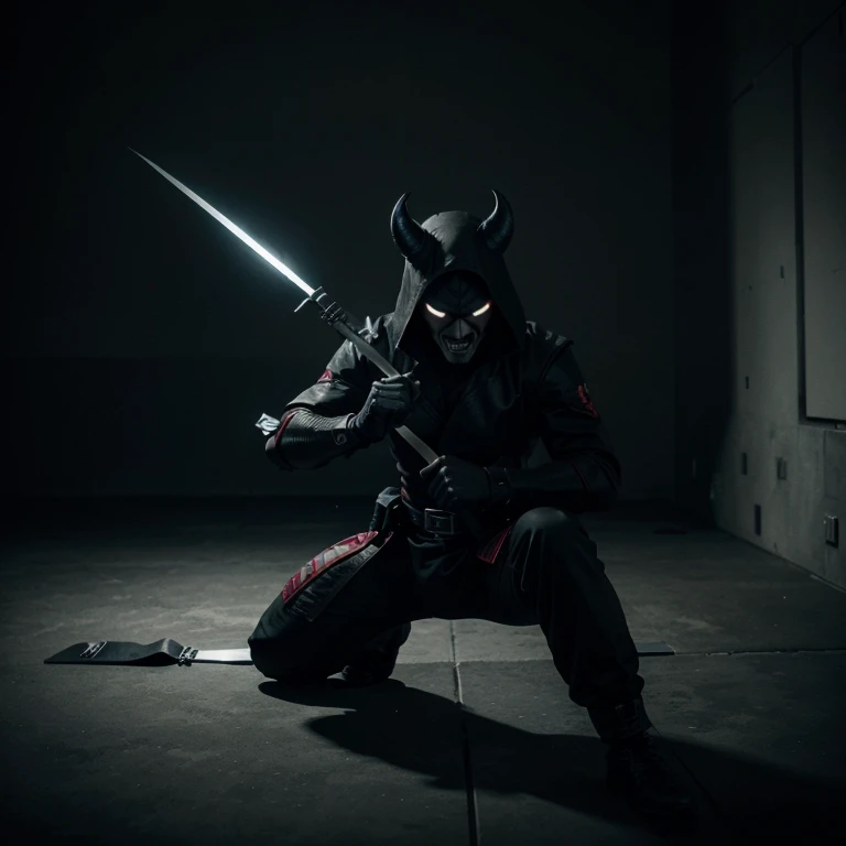 I can describe a concept for the flag you mentioned: Imagine a solid grey background representing the main color of the flag. In the center, place the logo of Shadow Fight 2 character, featuring a shadow with a devilish look. The shadow could be in a fighting stance, emphasizing the theme of the game. The devilish details could include menacing eyes and sharp features, creating a powerful and ominous presence on the flag.