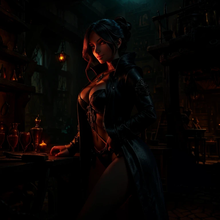 Female mage, suggestive pose, alchemist workshop background, sexy, revealing, moody lighting, beautiful face, smiling suggestively, red eyes, 4k, extremely detailed