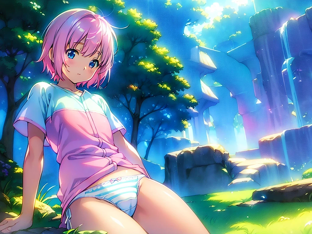 10yo, Color (Fantasy: 1.2), (hayao miyazaki style), (White panties), (Light blue panties), (Pink Panties), (stripe panties), Realistic lighting, masutepiece, High quality, Beautiful graphics, high detailing, masutepiece, High quality, Beautiful graphics, high detailing, --V6