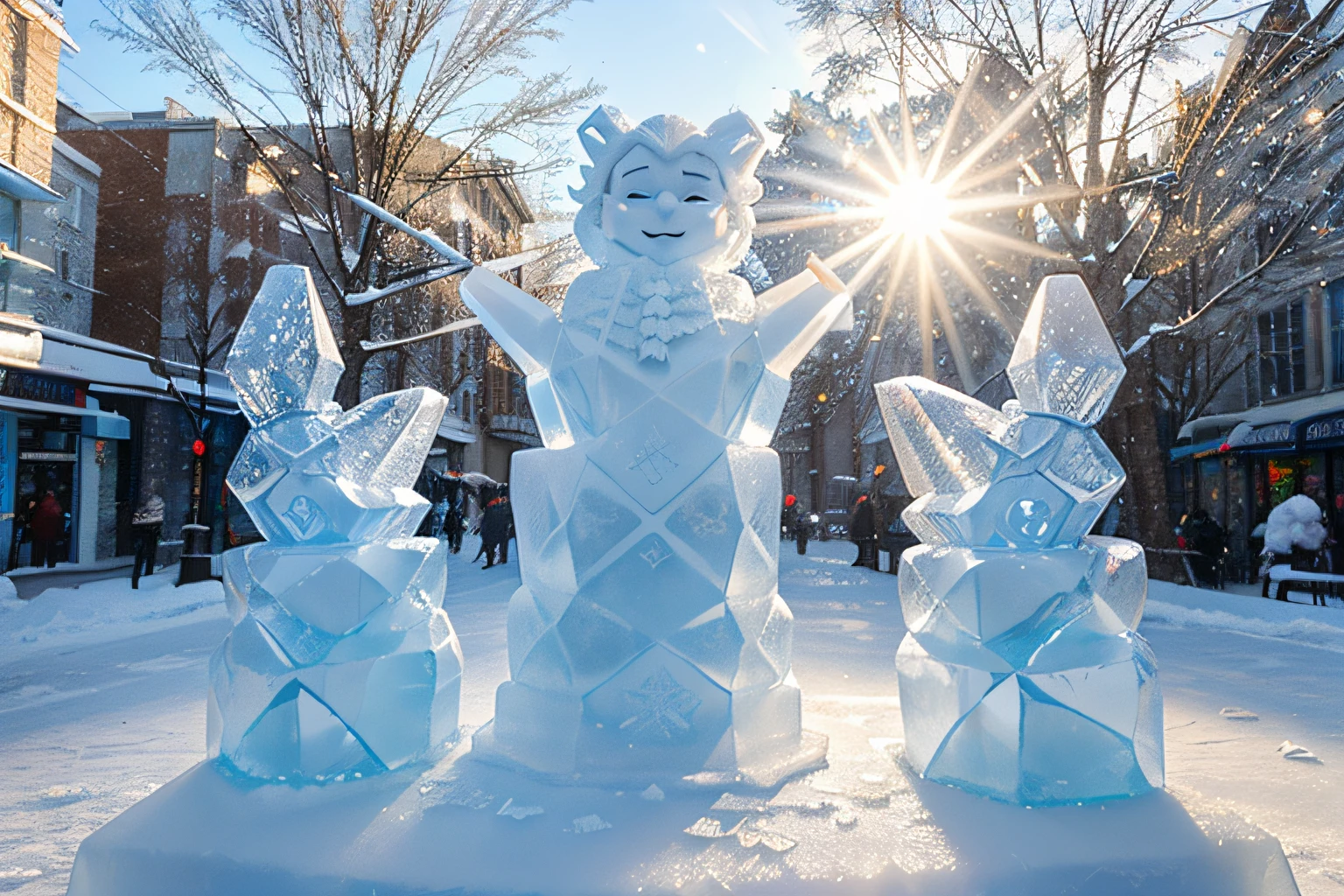 (Ice Sculpture Theme Park), snowy sidewalks, Ice sculptures of various fairy-tale characters are installed on the sides of the sidewalks.., ice sculptures of fairy tale characters, snow on the trees, winter, Clear weather, Sunny, sun glare in ice sculptures, is beautiful, A masterpiece with high detail
