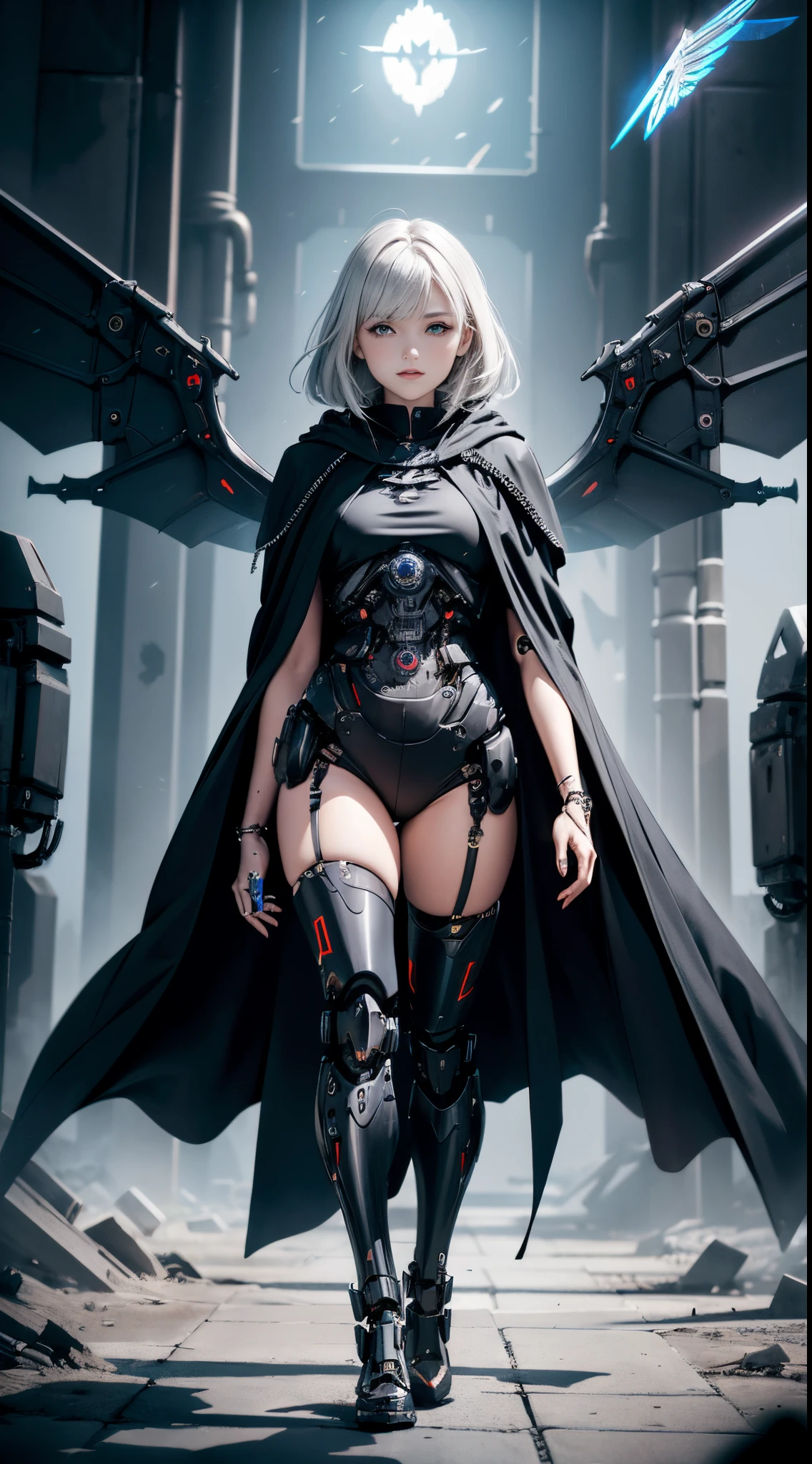 hll,evil female cyborg with (mechanical wings:1.4) wearing (black robes:1.2) (cloak:1.2),mechanical legs,