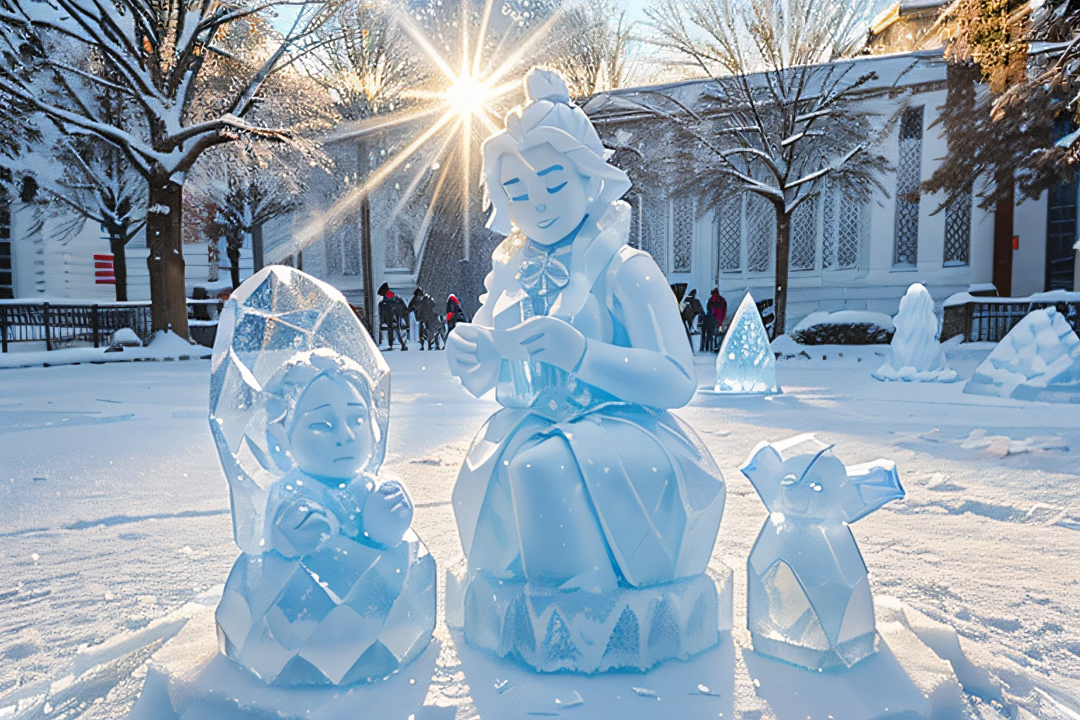(Ice Sculpture Theme Park), snowy sidewalks, Ice sculptures of various fairy-tale characters are installed on the sides of the sidewalks.., ice sculptures of fairy tale characters, snow on the trees, winter, Clear weather, Sunny, sun glare in ice sculptures, is beautiful, A masterpiece with high detail