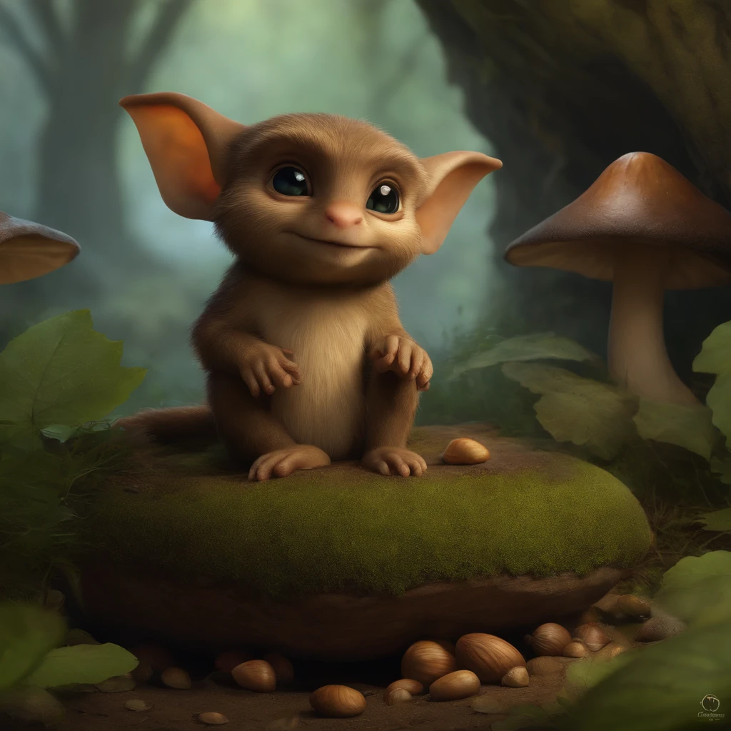 In the cave,Small male goblins, hobbit-like., huge ears, five toes on each paw, sitting on a stump in a clearing near a puddle, huge acorn in paws, standing in a forest mushroom clearing, there are acorns lying around here, Crickets fly,