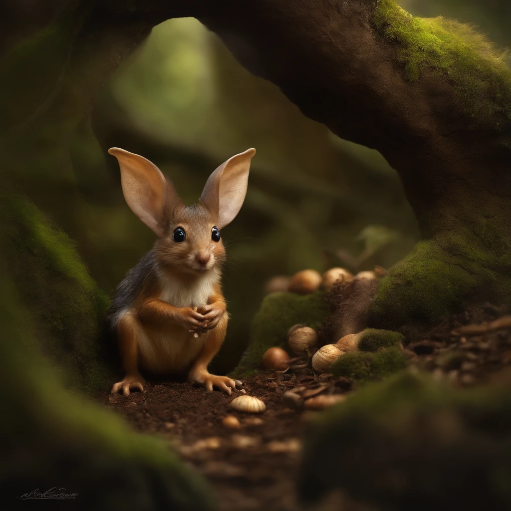 In the cave,Small male goblins, hobbit-like., huge ears, five toes on each paw, sitting on a stump in a clearing near a puddle, huge acorn in paws, standing in a forest mushroom clearing, there are acorns lying around here, Crickets fly,