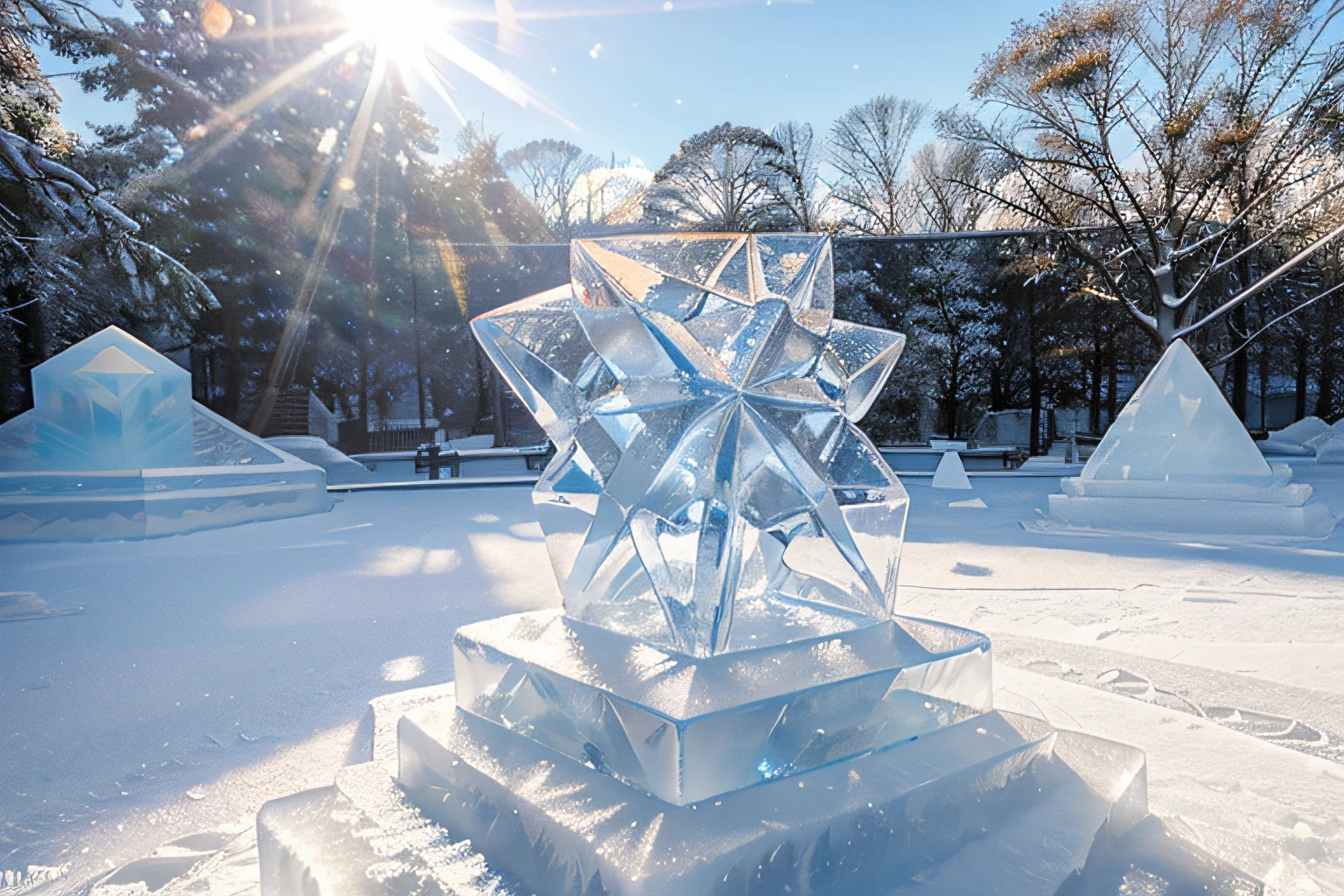 (Ice Sculpture Theme Park), snowy sidewalks, ice sculptures of various geometric shapes, ice sculptures of people and animals, icy geometric art pieces, snow on the trees, winter, Clear weather, Sunny, sun glare in ice sculptures, is beautiful, A masterpiece with high detail, many ice sculptures, view from a height of 20 meters, full body wide angle