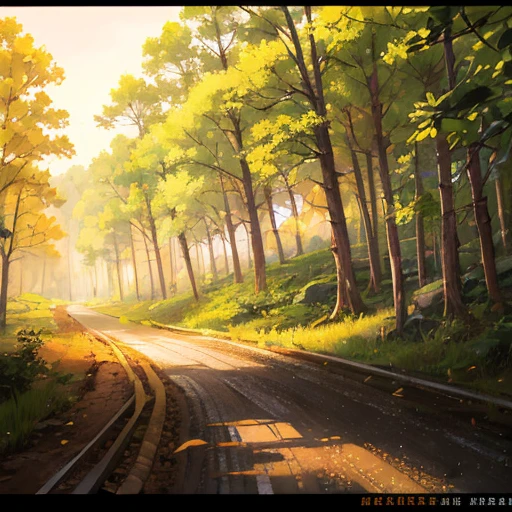 a dirt road within a forest, intricate, photorealistic, highly detailed, 8K, traditional style landscapes, scenic beauty, fine textures, soft and vibrant colors, sunlit atmosphere,