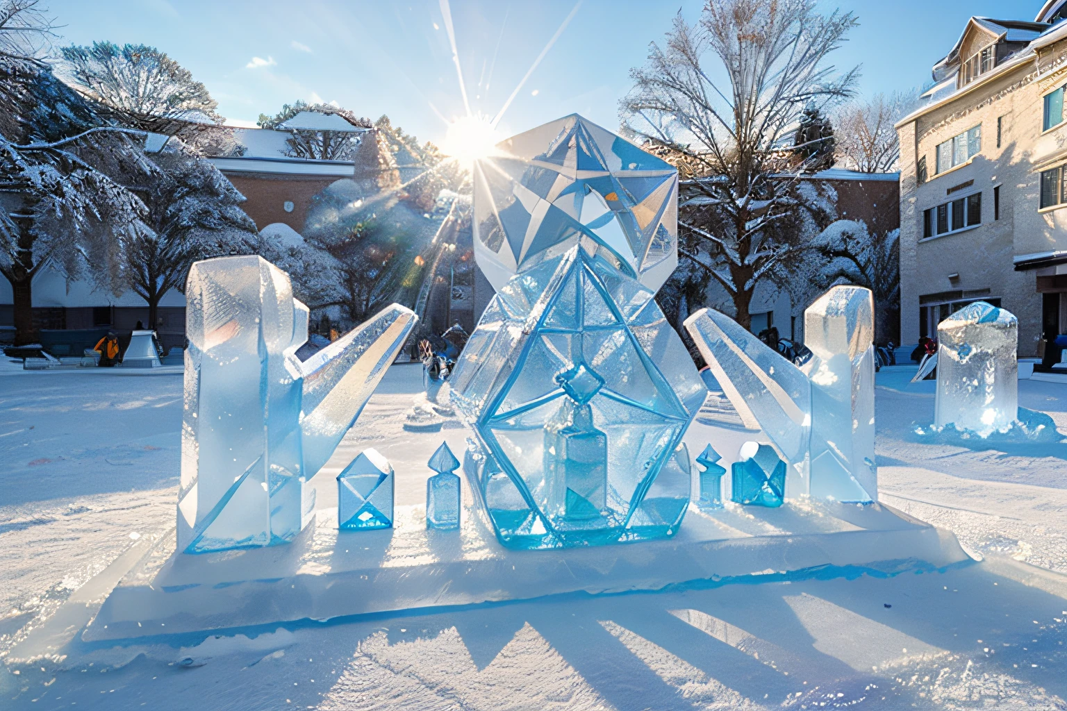 (Ice Sculpture Theme Park), snowy sidewalks, ice sculptures of various geometric shapes, ice sculptures of people and animals, icy geometric art pieces, snow on the trees, winter, Clear weather, Sunny, sun glare in ice sculptures, is beautiful, A masterpiece with high detail, many ice sculptures, view from a height of 20 meters, full body wide angle