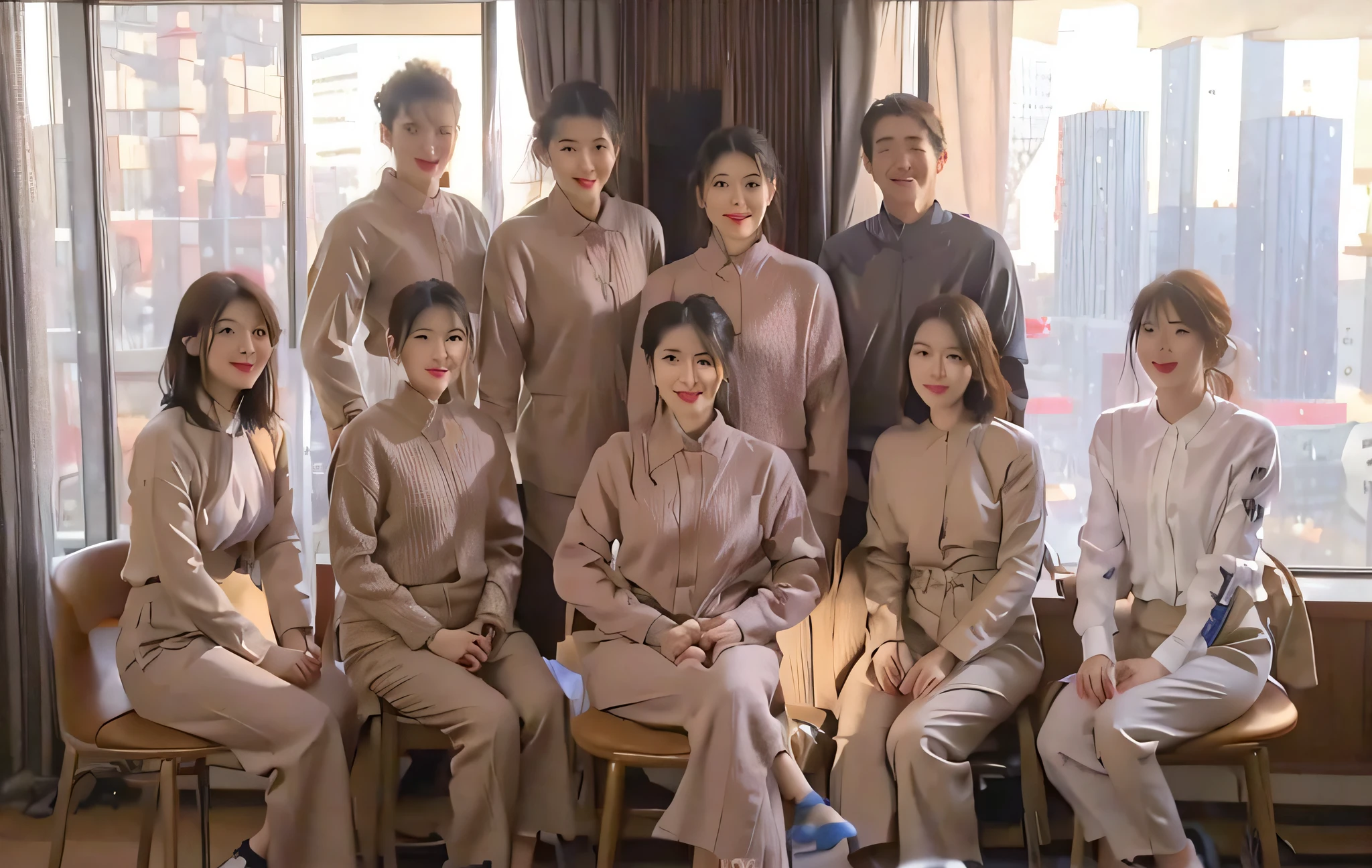 Six Americans sitting on stools, Four Japanese stalls, Everyone is smiling, boys and girls, Office room, During the day, In high-rise buildings, a true, actual, Shoot real, delicated face, Positive point of view, 8K Magic Flute 4k, Exquisite, Exquisite