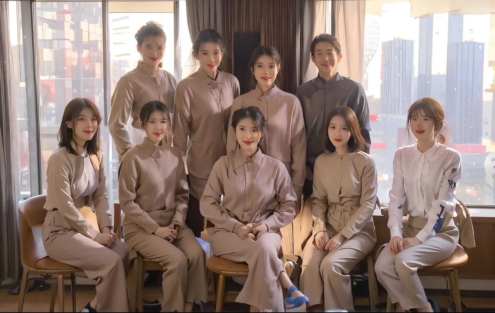 Six Americans sitting on stools, Four Japanese stalls, everyone is smiling, boys and girls, office room, In the daytime, In high-rise buildings, of a real, actual, photograph realistic, s delicate face, Positive point of view, 8K Magic Flute 4k, Exquisite, Exquisite