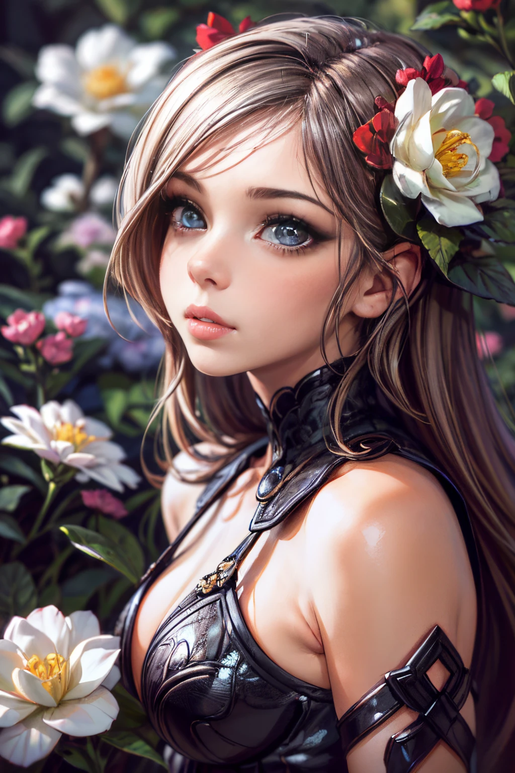 A girl with mesmerizing eyes and luscious lips, wearing a revealing outfit, surrounded by vibrant and exotic flowers in a beautiful garden. The artwork is done in a detailed and realistic medium, resembling a high-resolution masterpiece (best quality, 4k, 8k, highres, masterpiece:1.2). The girl's features are ultra-detailed, with long eyelashes and flawless skin. The color palette is vivid and rich, with a touch of sensual tones to enhance the atmosphere. The lighting is soft and romantic, emphasizing the girl's beauty and creating an alluring ambiance. The artwork combines elements of fantasy and eroticism, showcasing the artistry of hentai and NSFW genres.