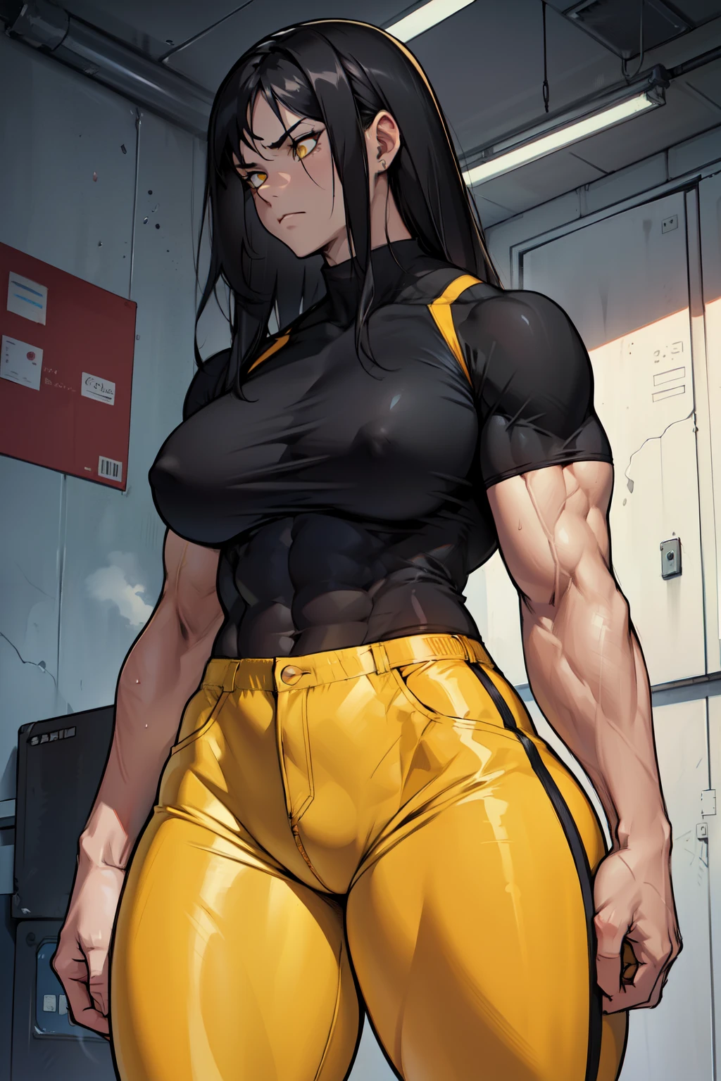 (((((muscular))))), (((thick thighs, breasts toned body, 1 girl))), black hair, pale skin, yellow eyes, frown, very long hair, ((waistup)) tight shirt tight pants sweaty