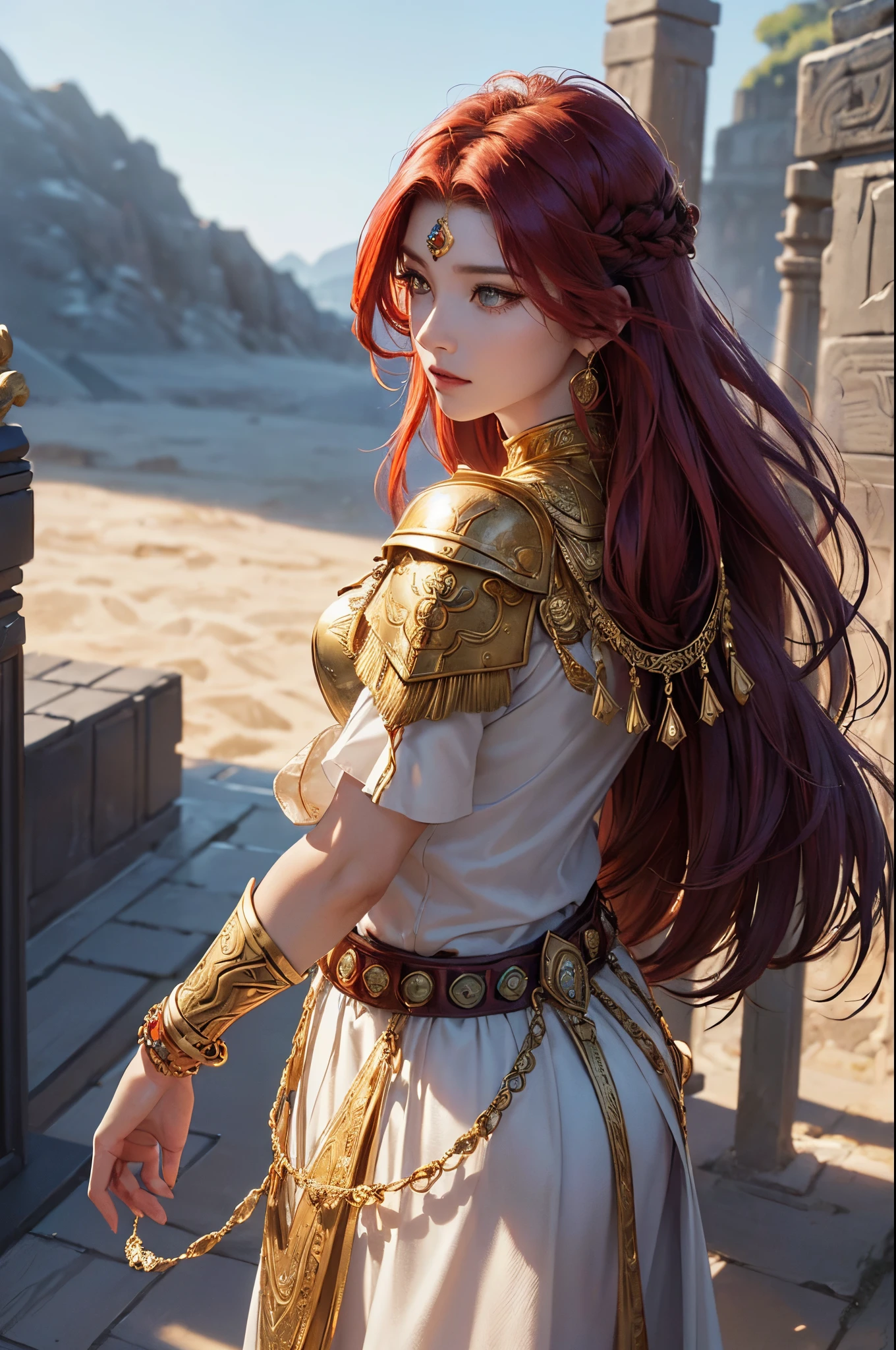 ((masterpiece)))、(((top-quality)))、((ultra-detailliert))、(A hyper-realistic)、(highly detailed CGillustration)、Official art、lion motif、Gold and red tones、Fantasia、Ancient mythology、Ancient Mesopotamia、Mystical、solemnity、An majestic、Best Quality, master piece、eventide、Deities々nice appearance、Ishtar, Goddess of War、Guardian of Babylon、Increase your fighting spirit、Invincible Great General、Brave、Awe-inspiring Hall々、glorias、honor of babylon、Veteran Hero、Slender eyes、matchless beauty、Rin々Right、refinement、noble、Proud、Guardian of the Lion、Wearing noble jewelry、Equip your weapons、The appearance is luxurious and golden armor、Cloak in the wind、Tall and lean、fiery red long hair、Perfect Angle、perfect-composition、low angles