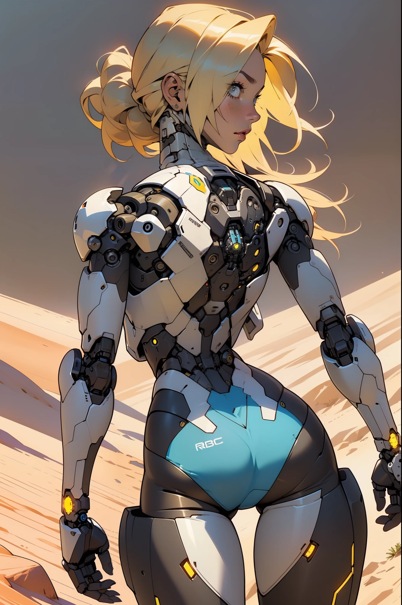 high quality, 4k, masterpiece, beautiful, cyborg girl, cowboy shot, dull eyes, back side, turning around to look at viewer, long blonde hair, girl, small breasts, fit thigh, robotic arms, robotic body, cyborg body, yellow accent, red accent, intricate detail, joint, detailed lines, robotic detail, 1fist on hip, color robotic parts, robotic parts with color, perfect fingers, on a desert planet, sunny background, colorful desert,