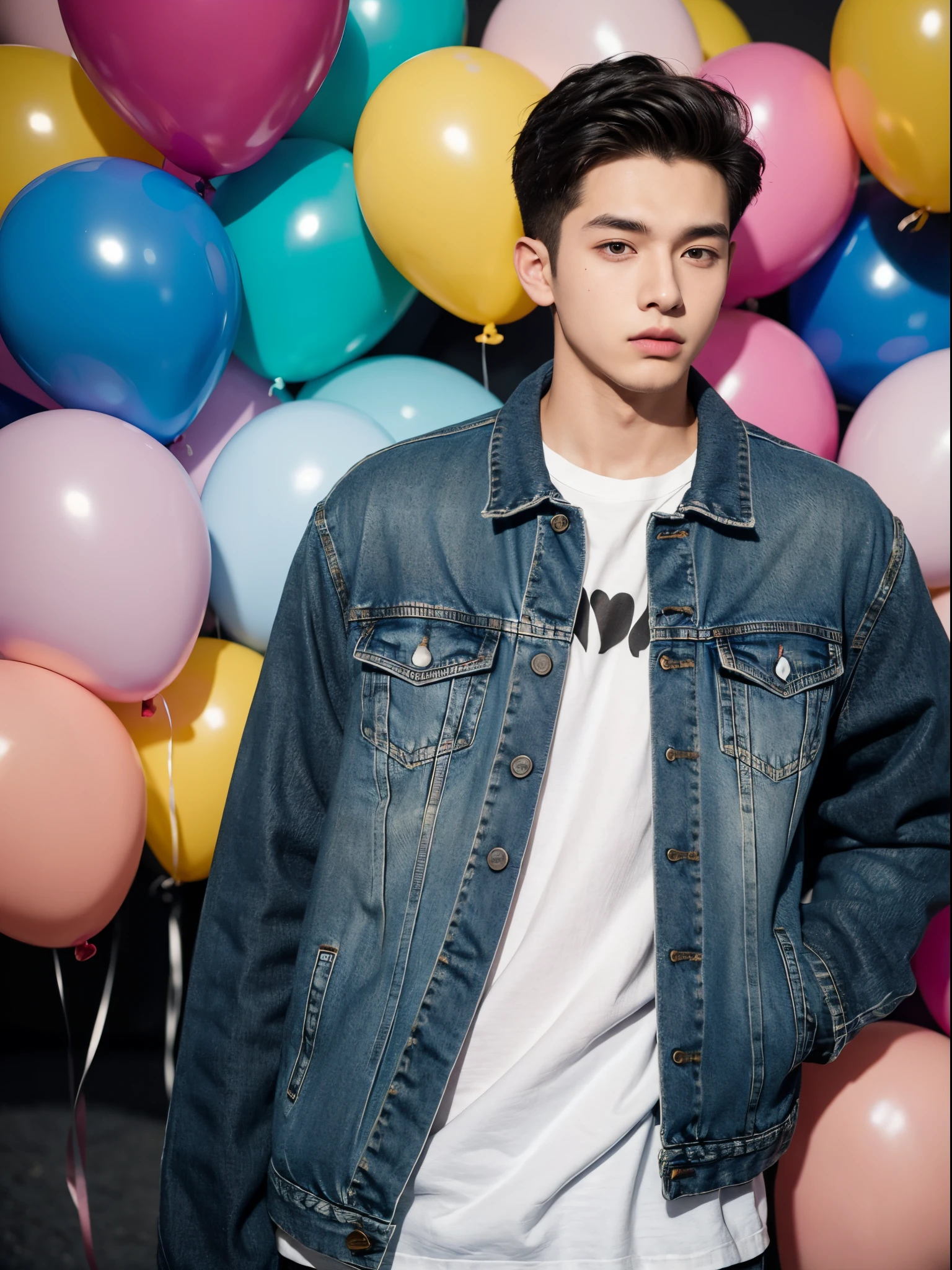 male, 20 year old boy, black eyes, slick back, denim jacket, half body photo, head facing the camera, colorful balloons in the background, street
