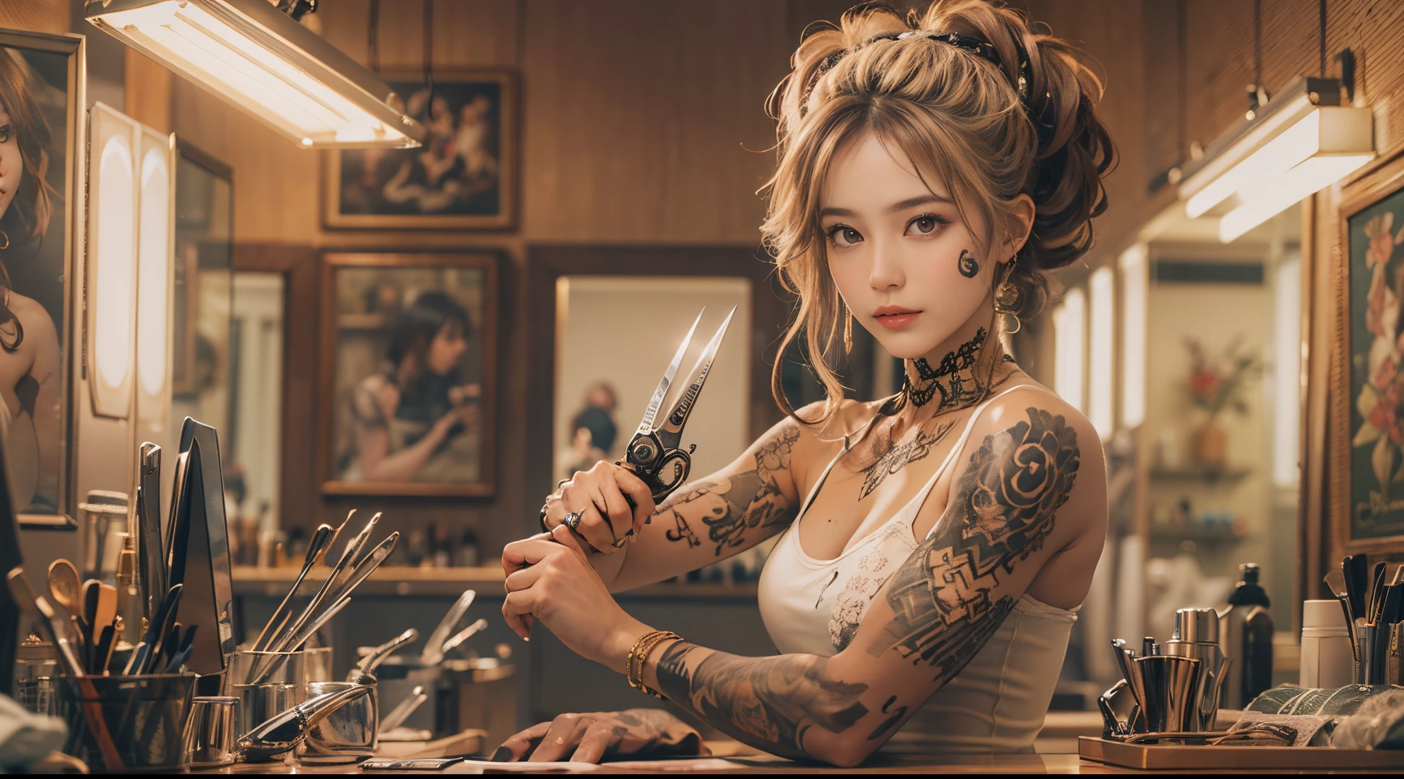 nsfw, A charismatic female hairstylist, muscular with many tattoos, working in a luxurious salon. She has a deep tan, typical of a gyaru style, and is intensely focusing on her work while holding scissors. The image should include detailed depictions of the salon environment, hairstyling tools, and accessories. The stylist's expression is serious and dedicated, capturing her commitment to her craft. The full body of the stylist should be shown in the image.