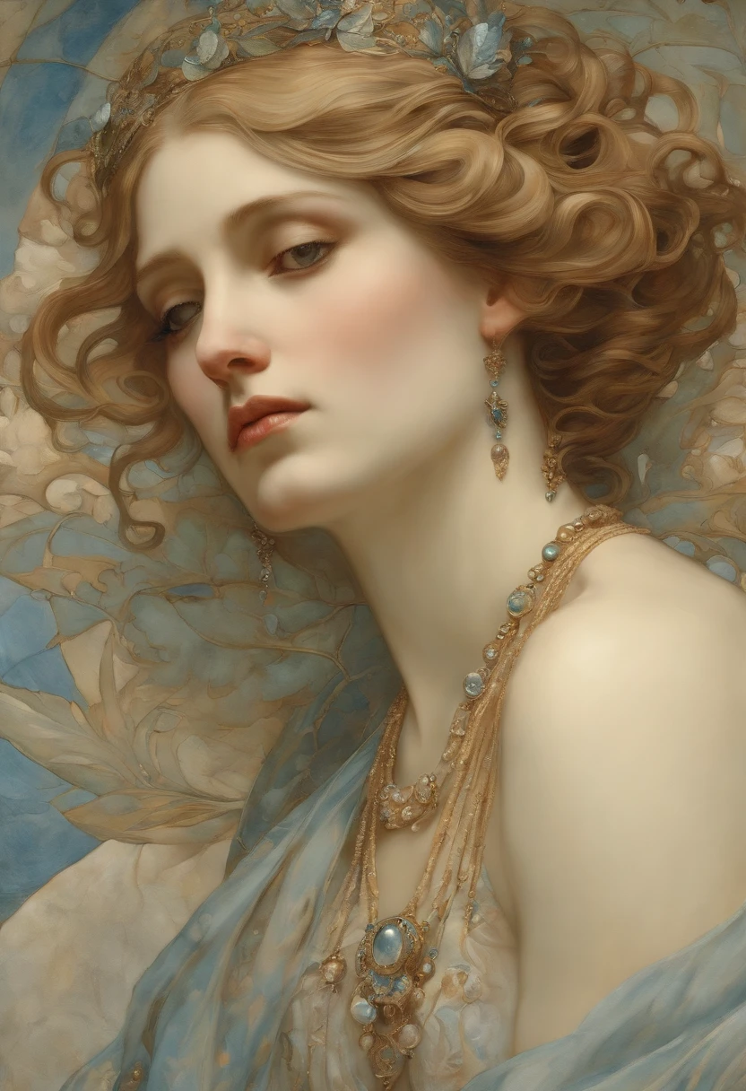 A highly detailed, ultra-detailed watercolor painting,a woman is crying, Anthropomorphic male, Female figure, Detailed cover art, like a music goddess, Following the style of Alphonse Maria Mucha and Gustav Kilmut, Art Nouveau accents, An Alphonse Mucha's, Gustavo Klimt, pale bluish skin, a marble sculpture, cgs society, gothic art, art nuveau, Behavioral contest winners