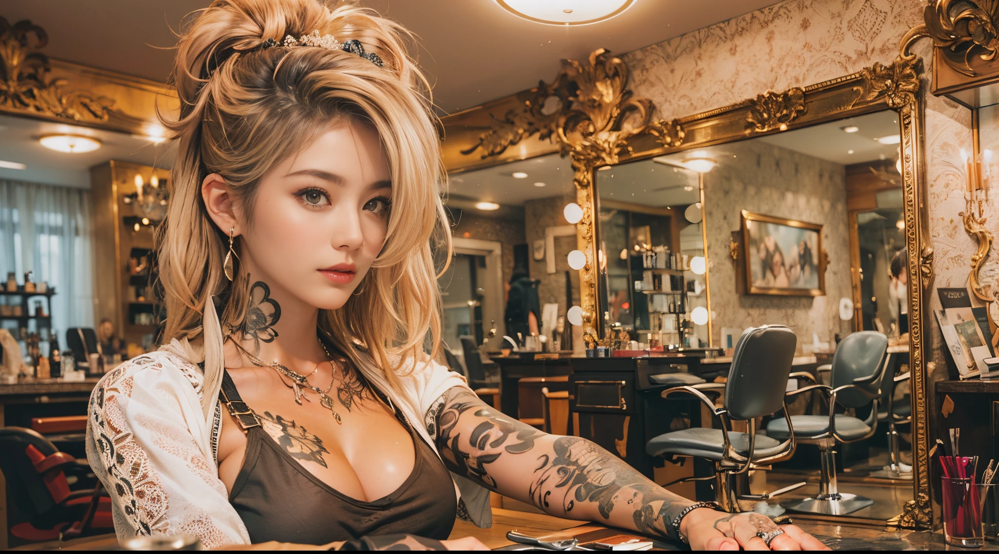 nsfw, A charismatic female hairstylist, muscular with many tattoos, working in a luxurious salon. She has a deep tan, typical of a gyaru style, and is intensely focusing on her work while holding scissors. The image should include detailed depictions of the salon environment, hairstyling tools, and accessories. The stylist's expression is serious and dedicated, capturing her commitment to her craft. The full body of the stylist should be shown in the image.