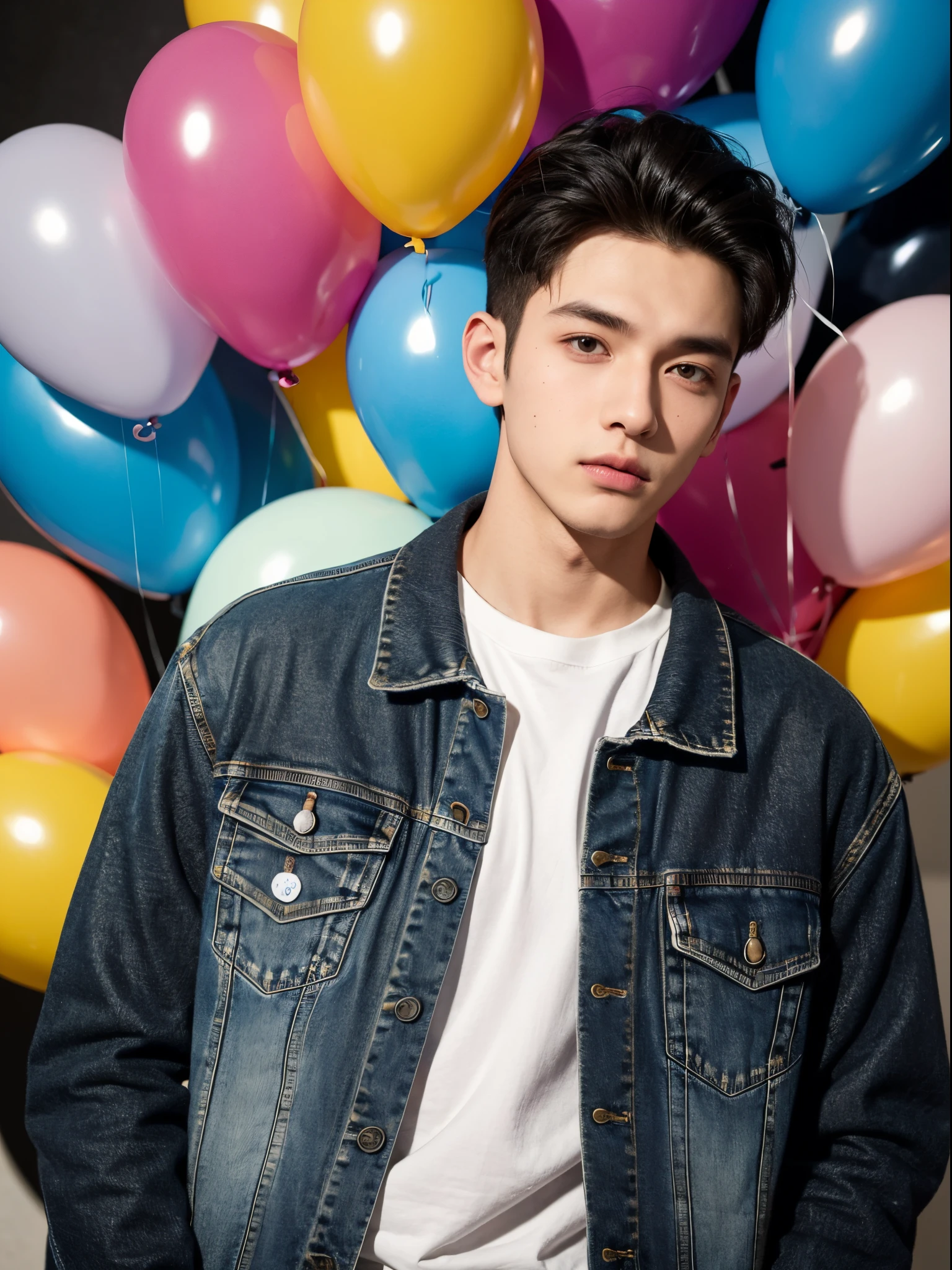 male, 20 year old boy, black eyes, slick back, denim jacket, half body photo, head facing the camera, colorful balloons in the background, street