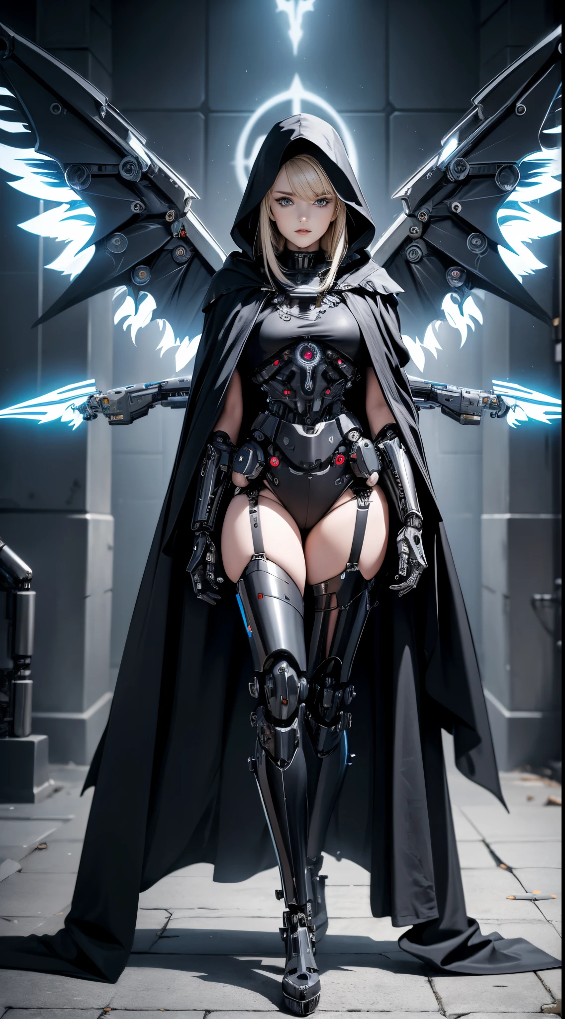 hll,evil female cyborg with (mechanical wings:1.4) wearing (black robes:1.2) (cloak:1.2),mechanical legs,