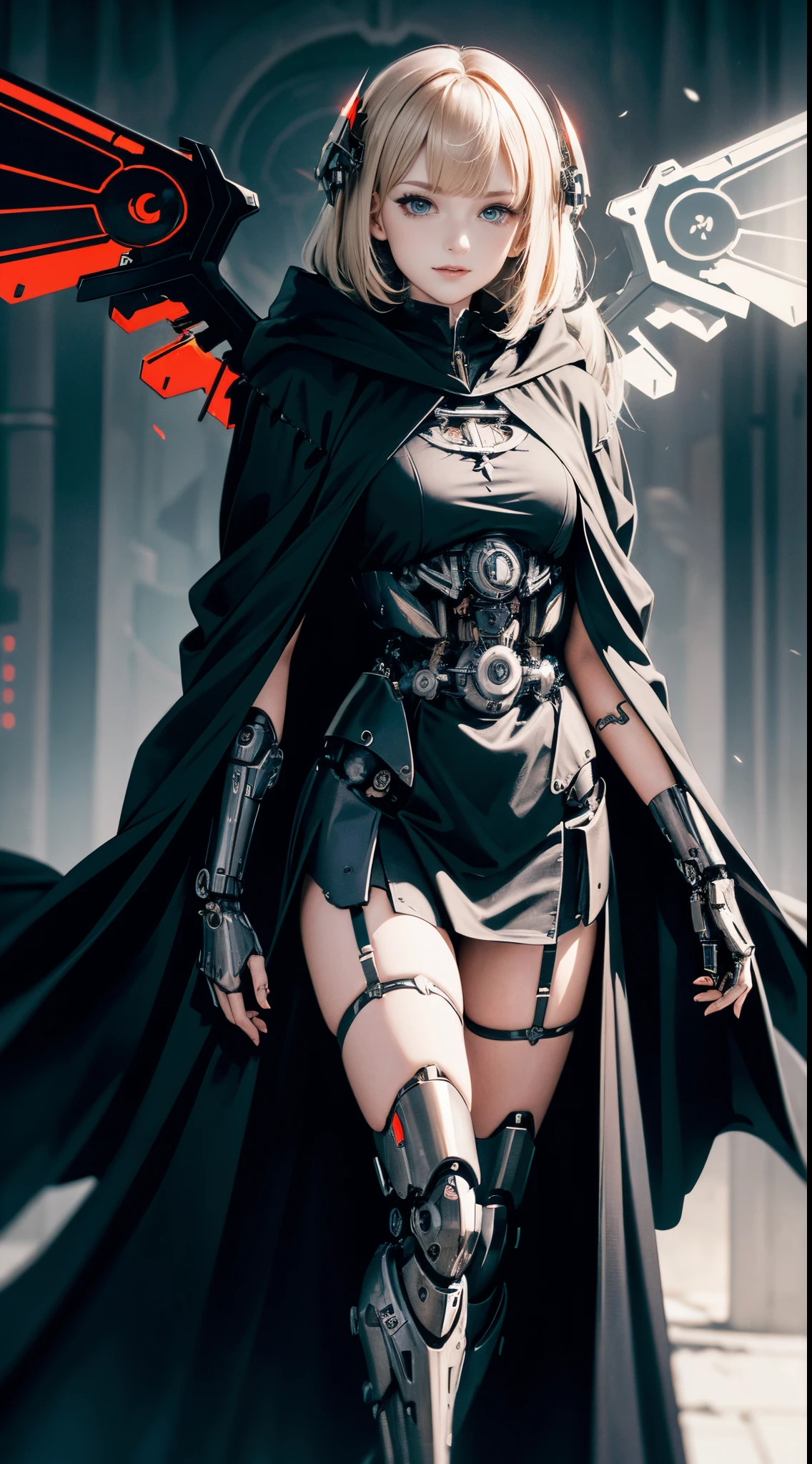 hll,evil female cyborg with (mechanical wings:1.4) wearing (black robes:1.2) (cloak:1.2),mechanical legs,