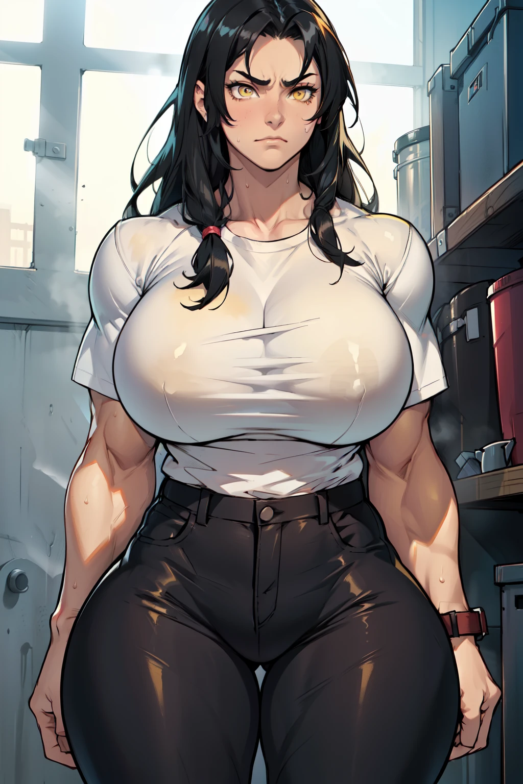 (((((muscular))))), (((thick thighs, huge breasts toned body, 1 girl))), black hair, pale skin, yellow eyes, frown, very long hair, ((waistup)) tight shirt tight pants sweaty