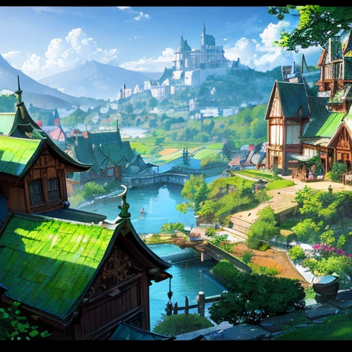 a hamlet with several buildings and a large tree in the center, intricate, photorealistic, highly detailed, 8K, traditional style landscapes, scenic beauty, fine textures, soft and vibrant colors,