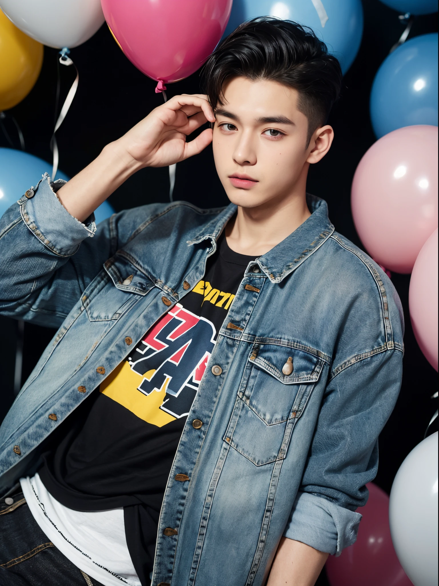 male, 20 year old boy, black eyes, slick back, denim jacket, half body photo, head facing the camera, colorful balloons in the background, street