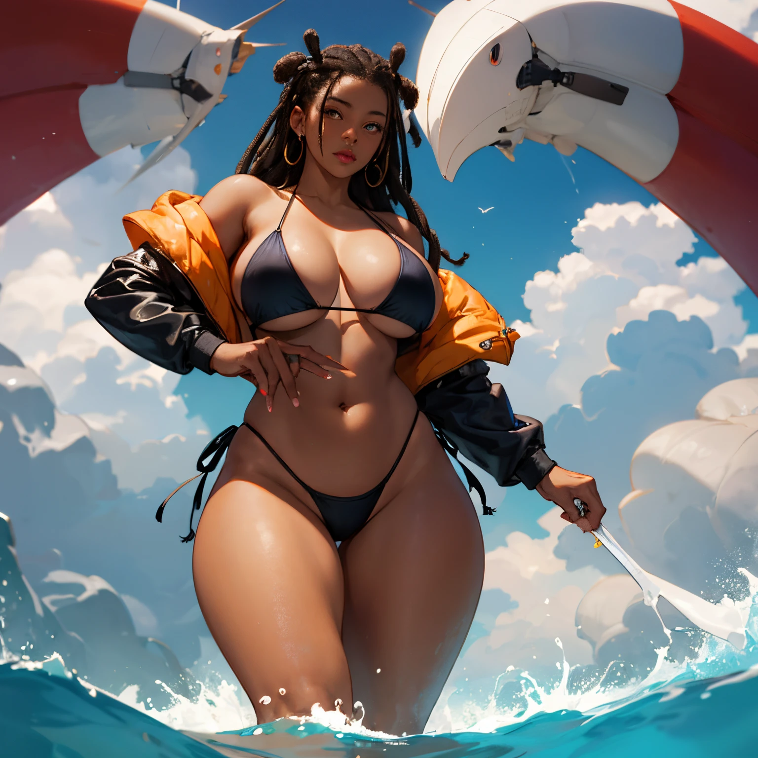 dark-skinned female, bikini., poitrine, gros seins, voluptueux, thick thighs, Oppai, hanches larges, Sinueuse, gros cul, cul massif, dreadlocks