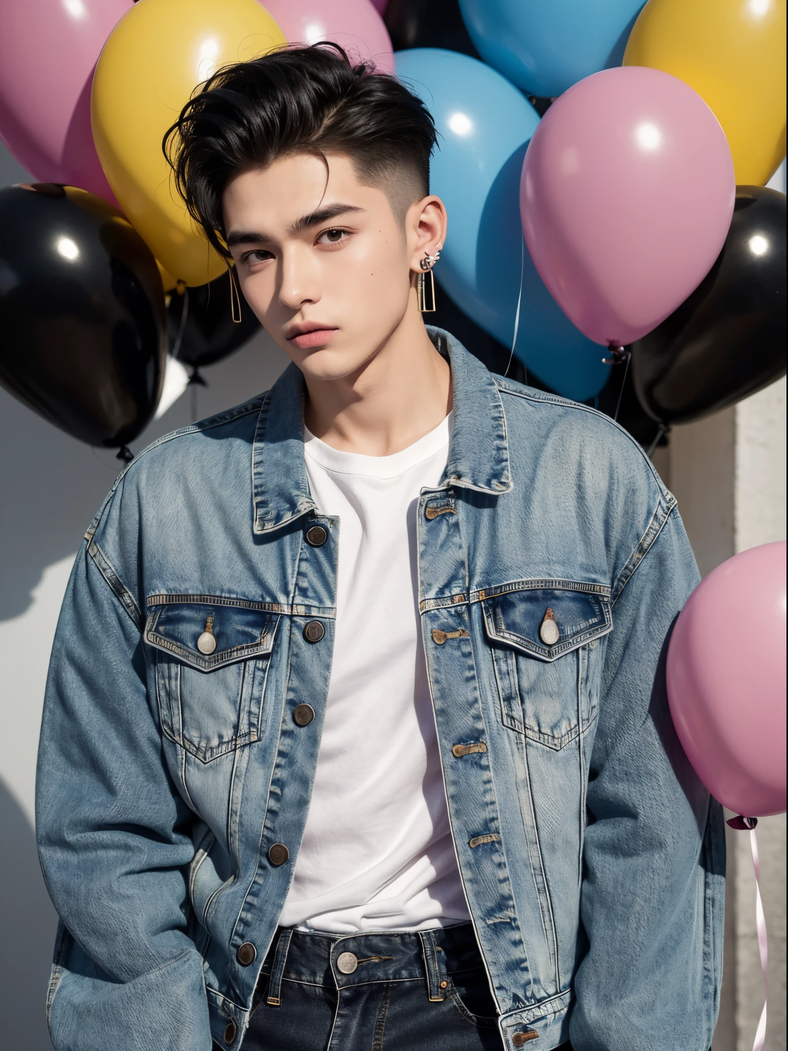male, 20 year old boy, black eyes, slick back, cut eyebrows, earring, denim jacket, half body photo, head facing the camera, colorful balloons in the background, street