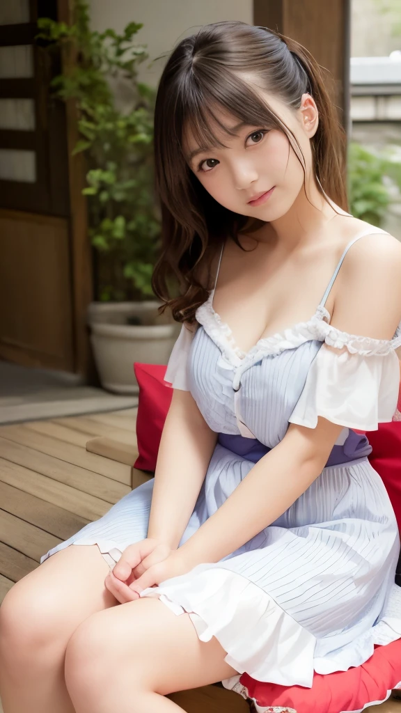 Adorable, ars, Ruffled Summer Dresses, From diagonally forward ,  japanaese girl, cleavage, Sitting on a cushion,  Looking at Viewer,   Low contrast, (Smile:0.8), hair scrunchie,  Best Quality, 超A high resolution, photographrealistic, ultra-detailliert, 8K, Raw photo, masuter piece