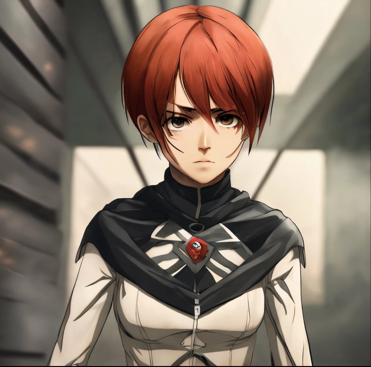 Girl with tan skin short red hair and black eyes attack on titan