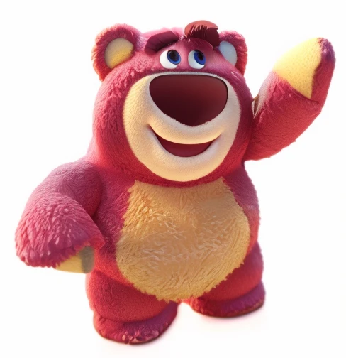Close-up of a pink stuffed teddy bear waving its paws, depicted as a pixar character, ideal pixar character, Pixar&quot;, pixar character, pink iconic character, cute pixar character, as a pixar character, As a claymation character, dusty, Plush one, bjørn, Made by Pixar, A luxurious, toy bear, lumpy skin, pixar character design, gummy bear,blindbox，3D,Clay texture