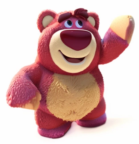 Close-up of a pink stuffed teddy bear waving its paws, depicted as a pixar character, ideal pixar character, Pixar&quot;, pixar character, pink iconic character, cute pixar character, as a pixar character, As a claymation character, dusty, Plush one, bjørn, Made by Pixar, A luxurious, toy bear, lumpy skin, pixar character design, gummy bear,blindbox，3D,Clay texture