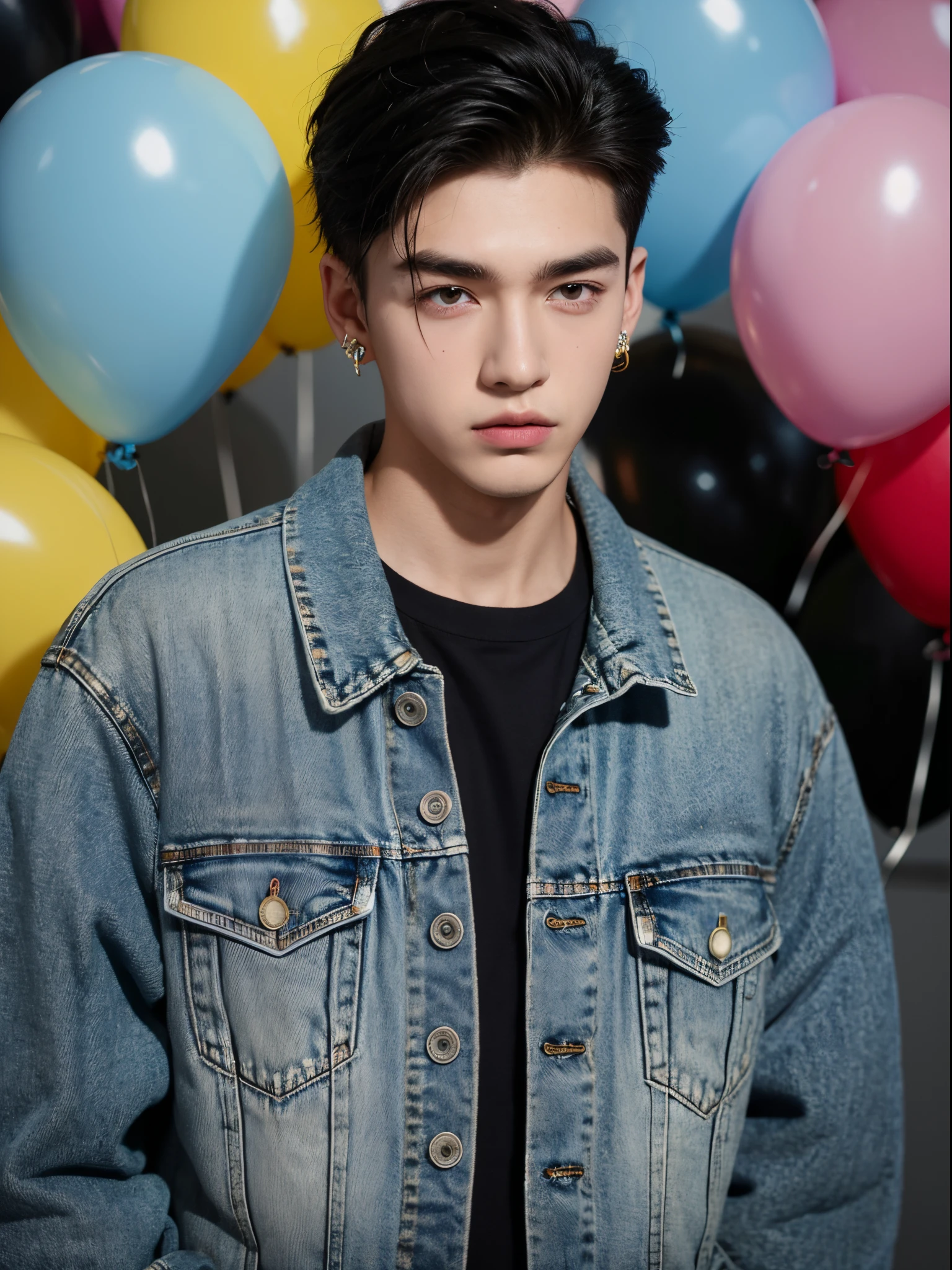 male, 20 year old boy, black eyes, slick back, cut eyebrows, earring, denim jacket, half body photo, head facing the camera, colorful balloons in the background, street