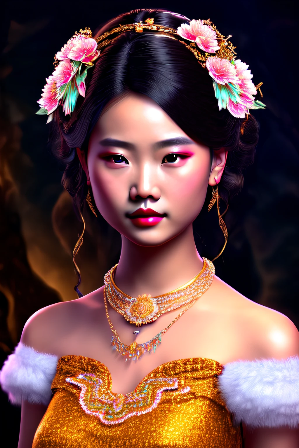 A Zhuang girl,Black hair,with a round face,largeeyes,She sincerely prayed to the god Ox King in the Ox King Temple,Offer your own products,And sincerely pray to the god of the ox king