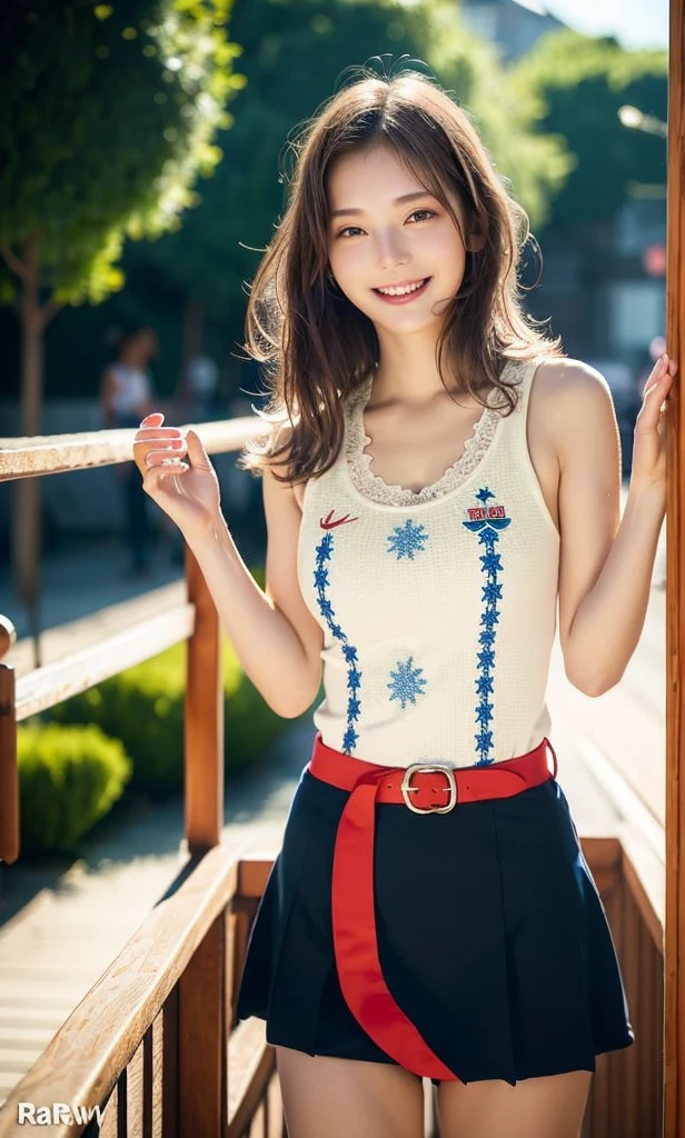 wave her hand、skinny legs、Extraordinary Beauty、Cute face、The best smile、Cute smile、frontage、slender、bobhair、schools、ulzzang-6500-v1.1, (Raw foto:1.2), (Photorealsitic:1.4),　a beautiful detailed girl, extremely detailed eye and face, beatiful detailed eyes,  huge filesize,  hight resolution, ighly detailed, top-quality, ​masterpiece,  ((red and blue one piece)),  ighly detailed, CG,  8k wallpaper, magnifica, finely detail,  top-quality, Highly detailed CG uniforms、 Light on the face、电影灯光、20 years girl、