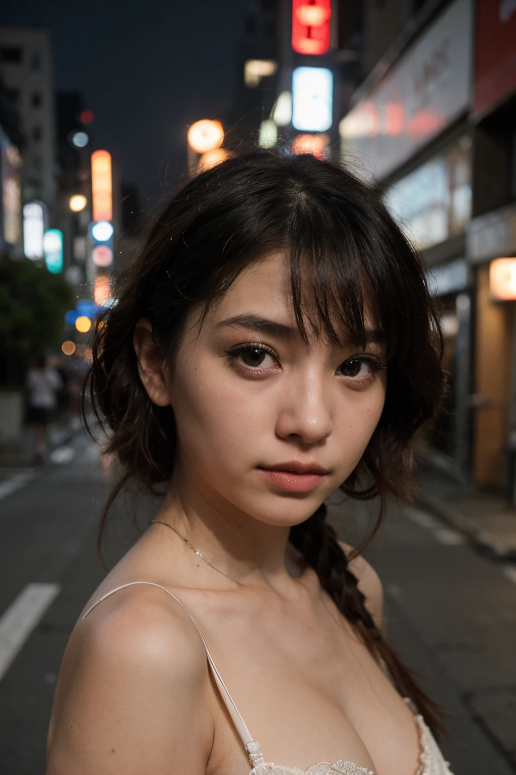 1girl、Streets of Tokyo、the night、urban landscape、Urban light、a closeup of a、8k、RAW photography、topquality、tmasterpiece、realisitic、photorealestic