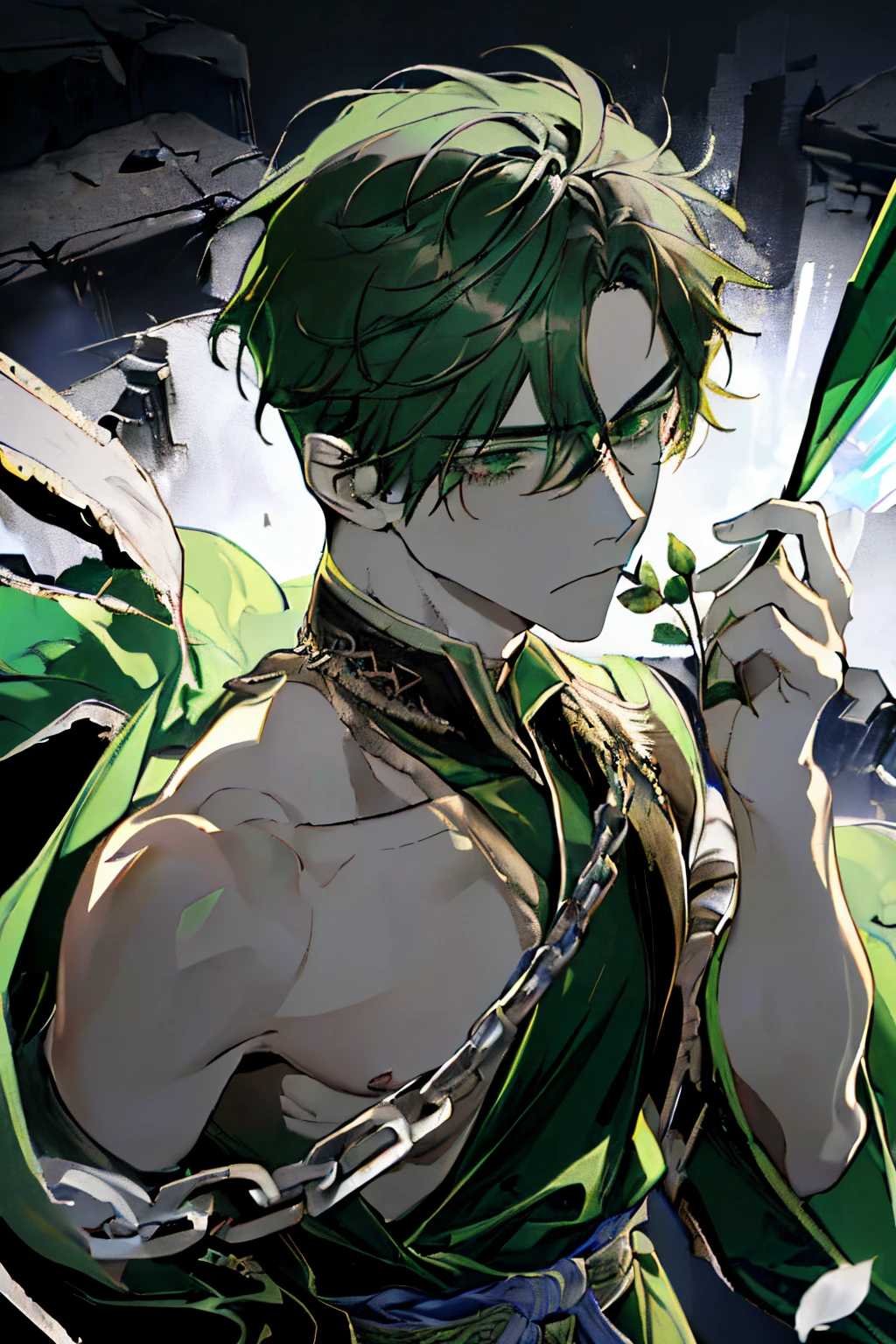 ((A ruined city full of rubble)),(After the war),((Vast landscape full of rubble)),(A boy wearing tattered slave-like clothes),((dark black and green hair)),(Lifeless eyes),((Thick and durable collar and chain)),((look up and glare at me)),(Mouth slightly open),((Light green eyes)),((Monochrome world)),((Black,Gray,light)),((Decoration with lots of dark green gems)),((Holding a flower in hand)),(View from above),(Sharp eye light),(((Adult male))),((Hair that grows to the shoulders)),((eastern clothes)),((directly in front)),