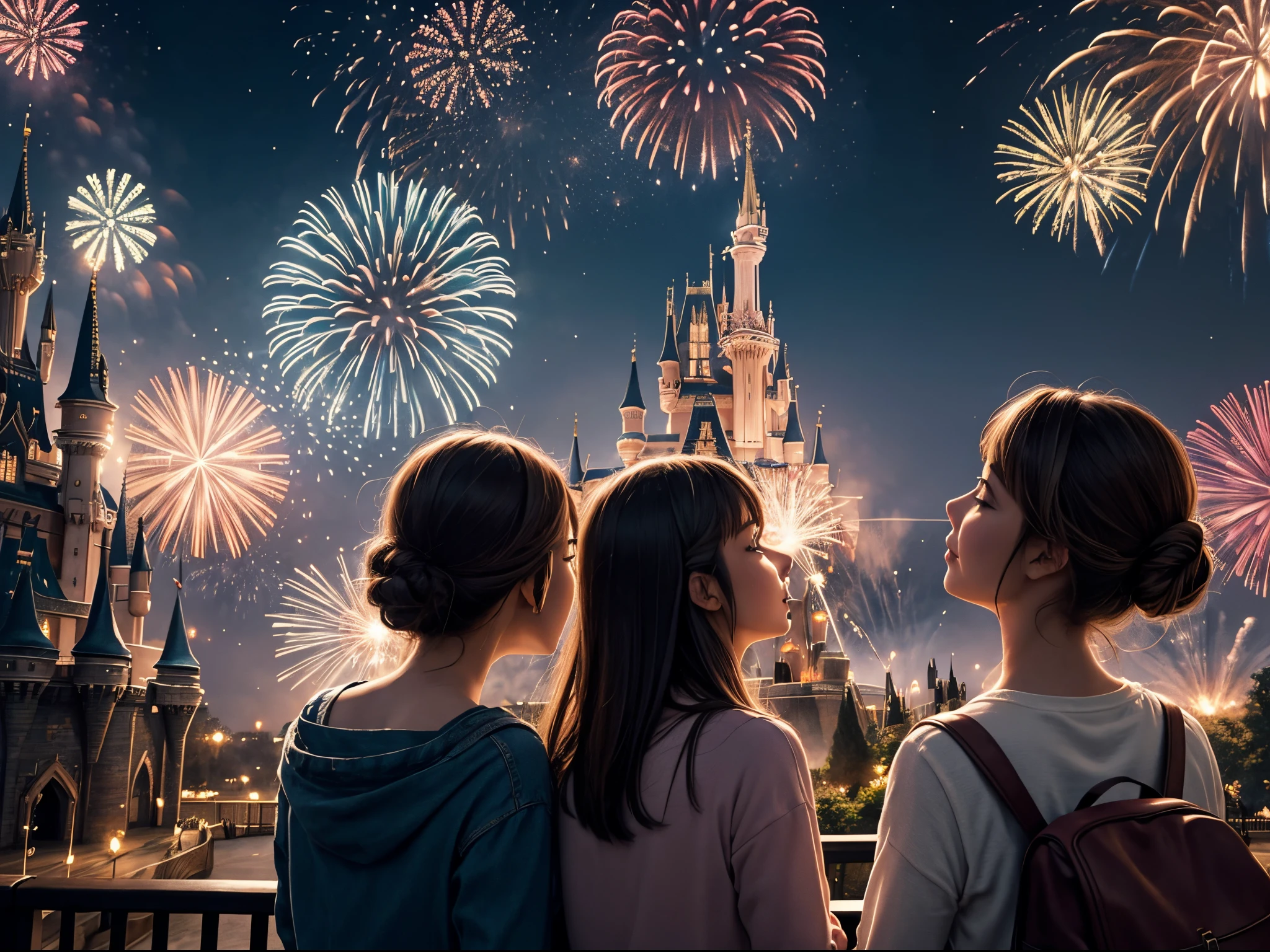 (masterpiece), realistic, cinematic light, theme park castle and fireworks, the girls look up the fireworks