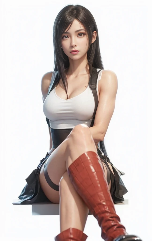 (best quality,ultra-detalhado),(Realistic:1.37),Tifa Lockhart, Rosto bonito e detalhado, maquiagem preta nos olhos, expression serious, textura ultra realista, rosto delicado, corpo delicado, Fit physique, usando batom e brilho labial