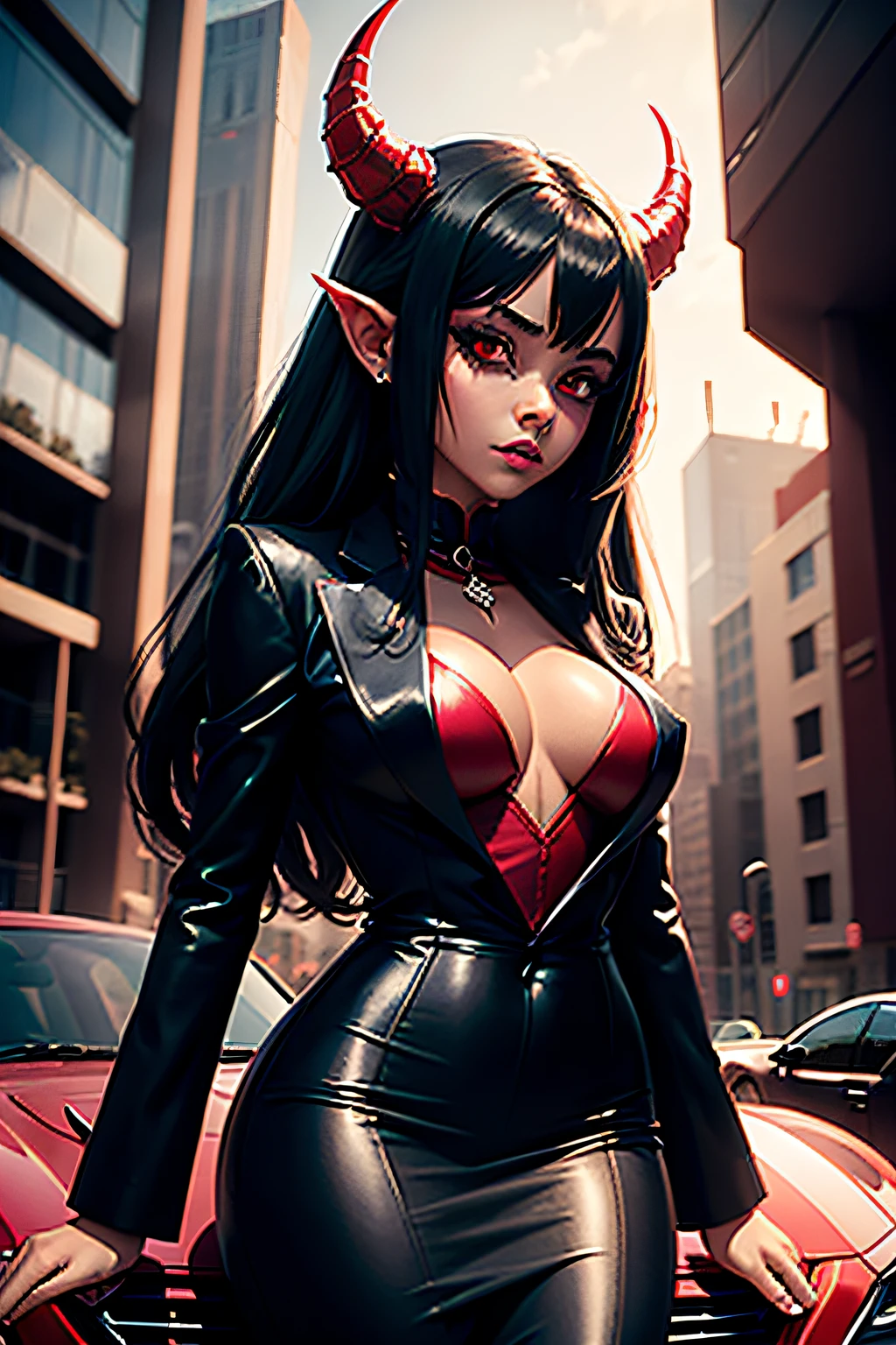 chica demonio espeluznante de piel roja y cuernos, Vestida con una cobarta y un elegante traje ejecutivo en una ciudad futurista, coche negro