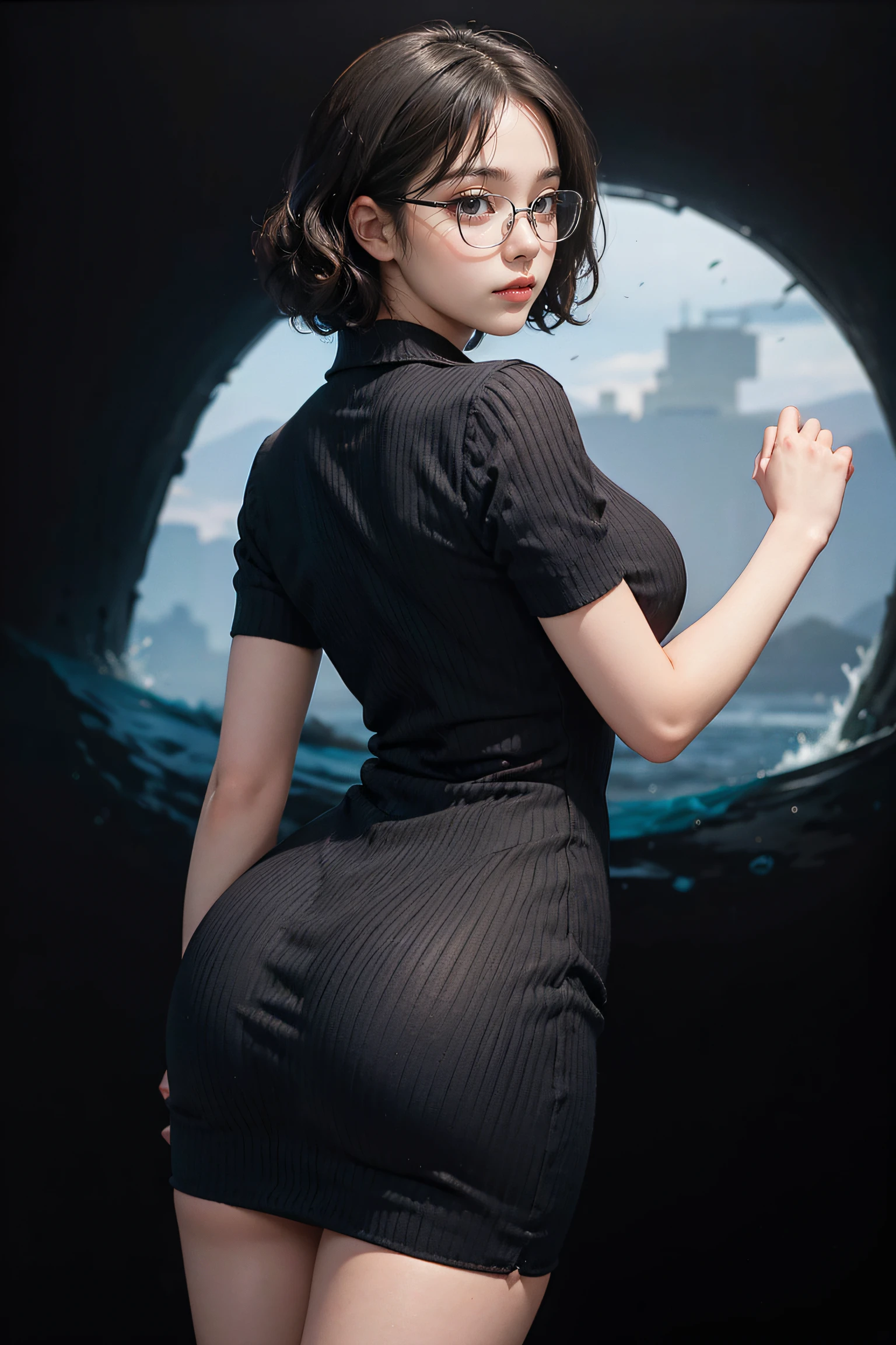 Cute lady , masterpiece , portrait of a , Highest Quality , ribbed dress , big size ass , view from behind , wave perm , Short Cut , spectacled , Black background