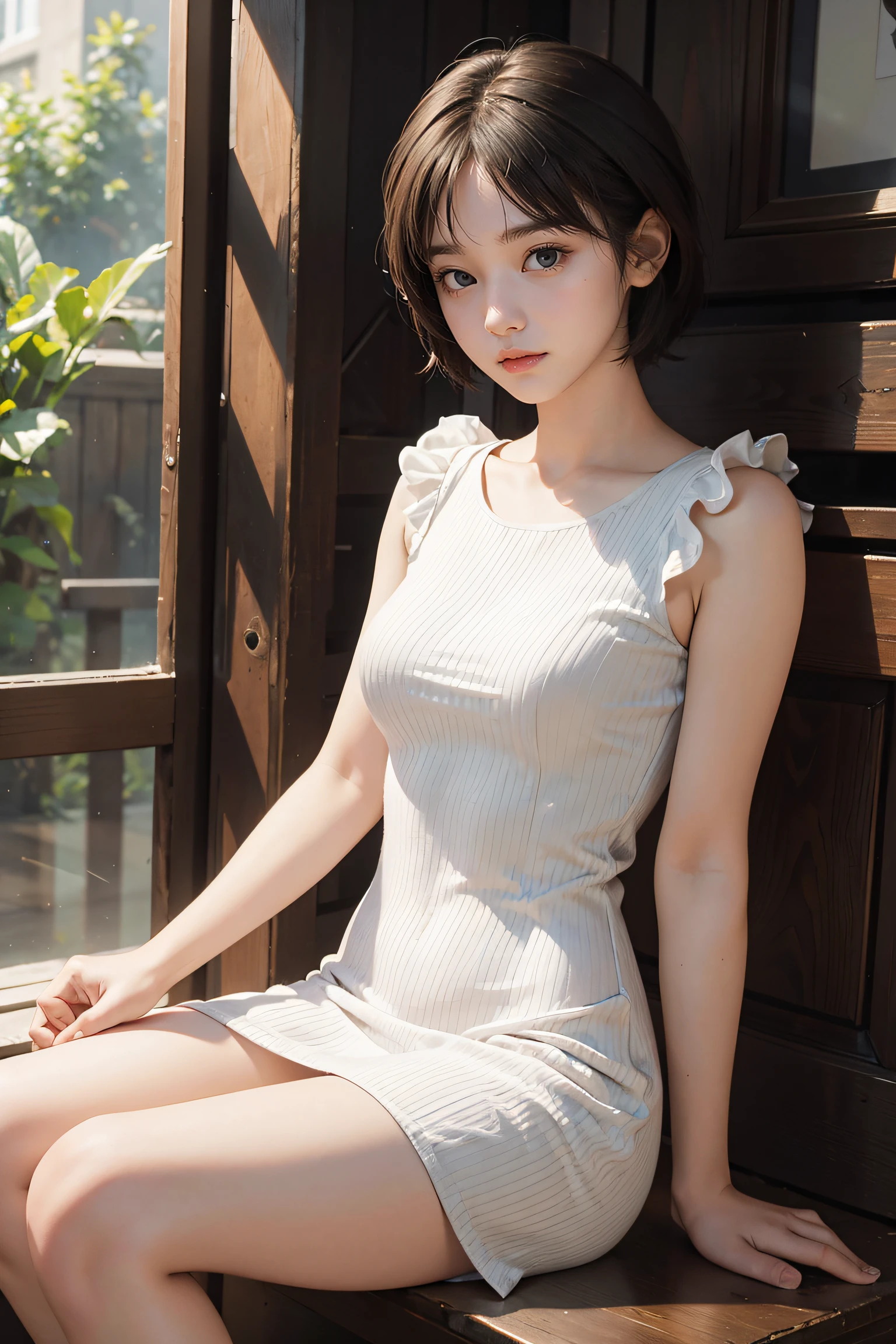 basic ribbed dress , portrait of a , ​masterpiece ,realisitic , Short Cut , Cute lady , Highest Quality