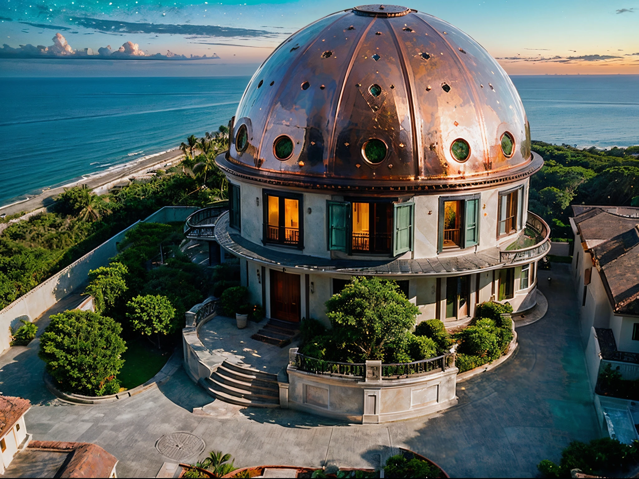 A Beautiful Day in the Neighborhood, mansions clad in white marble and metal, a large glass dome roof, with roman columns, emerald green marble, beautiful landscaped gardens with tropical plants, ocean front of a beautiful tropical beach, ((evening sky with a nebula and stars background)), Golden light, (with perfect waves), palm trees, (((modern architecture mansion made from copper with a dome roof))), (masterpiece:1.2) (photorealistic:1.4) (lookin down from above view at many houses).