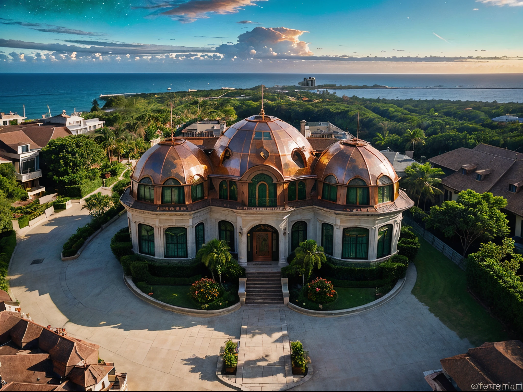 A Beautiful Day in the Neighborhood, mansions clad in white marble and metal, a large glass dome roof, with roman columns, emerald green marble, beautiful landscaped gardens with tropical plants, ocean front of a beautiful tropical beach, ((evening sky with a nebula and stars background)), Golden light, (with perfect waves), palm trees, (((modern architecture mansion made from copper with a dome roof))), (masterpiece:1.2) (photorealistic:1.4) (lookin down from above view at many houses).