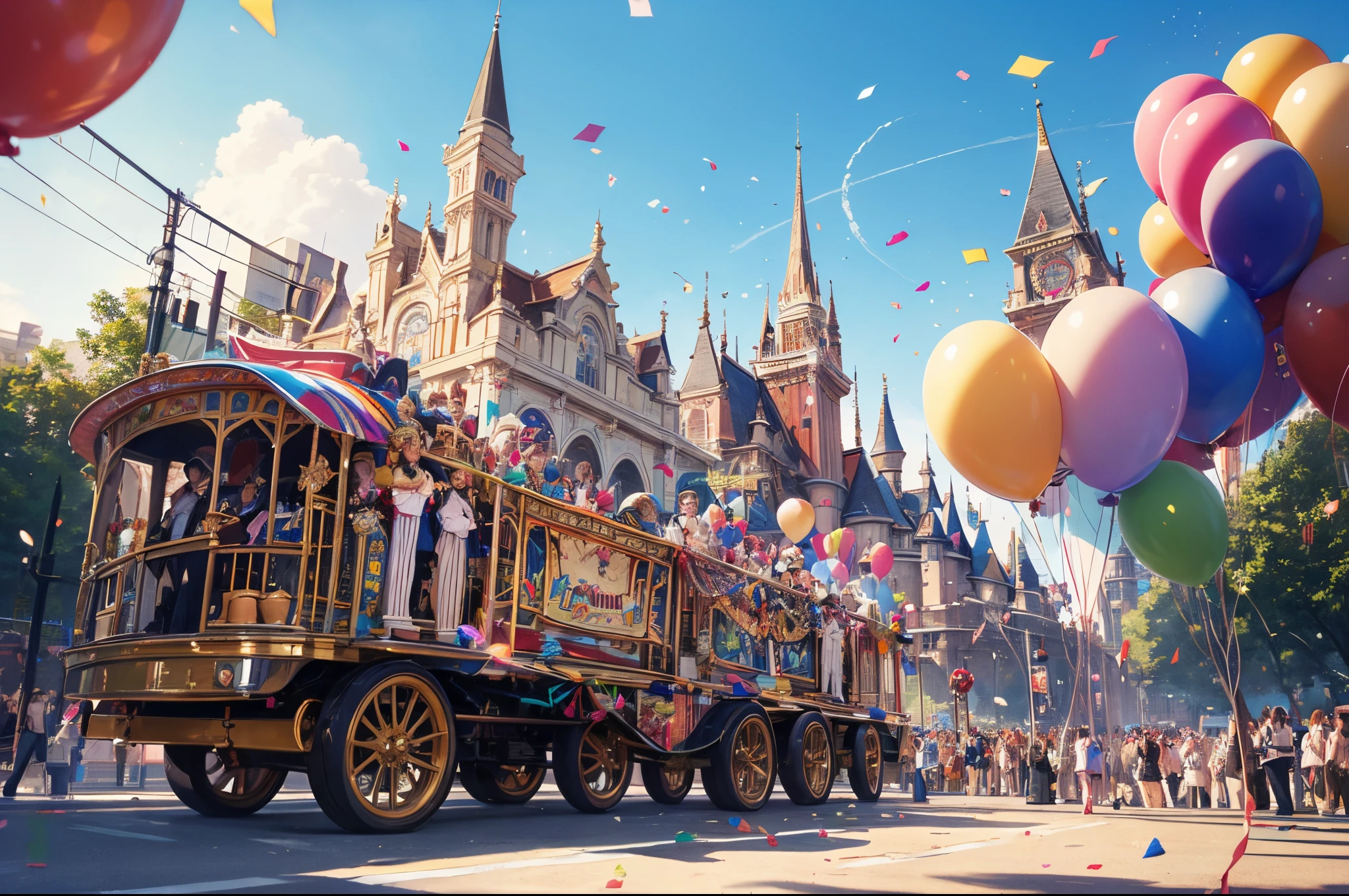 masterpiece,
best quality, ultra-detailed, photorealistic,
extremely delicate and beautiful,
colorful theme park, parade of cartoon characters, marching band,confetti, balloons, fireworks,
