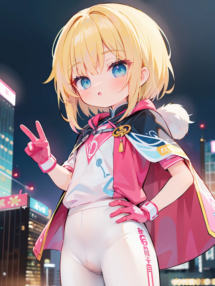 独奏, 1girl, (Masterpiece), ((Appearance 16 years old)), blonde hair, Medium Hair, blue eyes, anime girl, Pink superhero uniform with white pants, cloak, technological glove, Cyberpunk city, in night