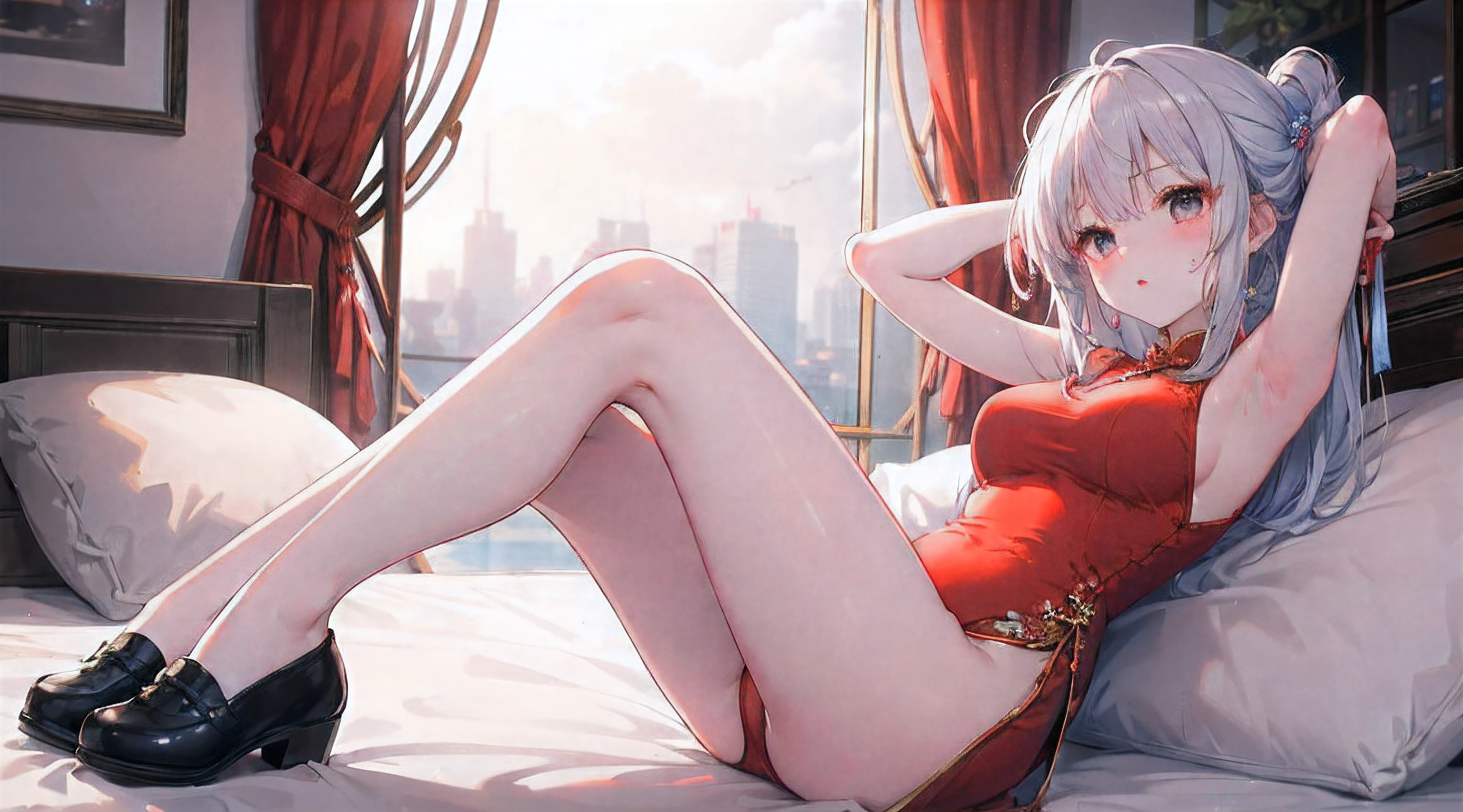 8K，ultraclear，one-girl，Wearing a vest and a long red cheongsam，Wearing a vest and a long red cheongsam，Wearing a vest and a long red cheongsam，Imperial sister，Around 18 years old，黑The eye，Colossal tits，Tight，Face optimization，Open the thighs，Look at the face，ssee-through，A ball head，Support chest with elbows，china idol，Side shot，nail art，five fingers，Standard stature，8K，raised head，panties shot，Have side boobs，face flushed，Full Body Sweat，Look at the armpits，Look at the armpits，，when you see your armpits, you can see your side breast，duck sitting,Wear cloth shoes，five fingers，two hands，Lie down in bed